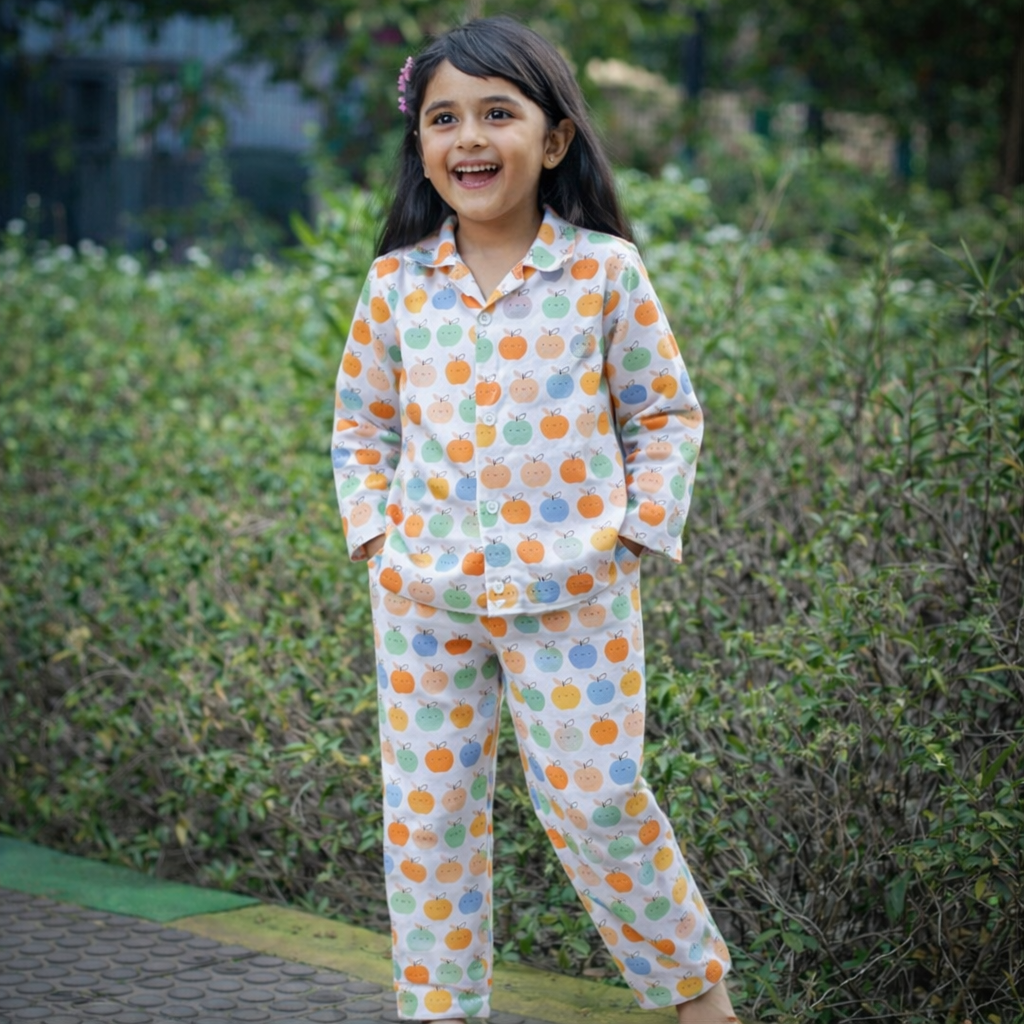 Kids Cotton Nightsuit - Multiple Designs - Apples design