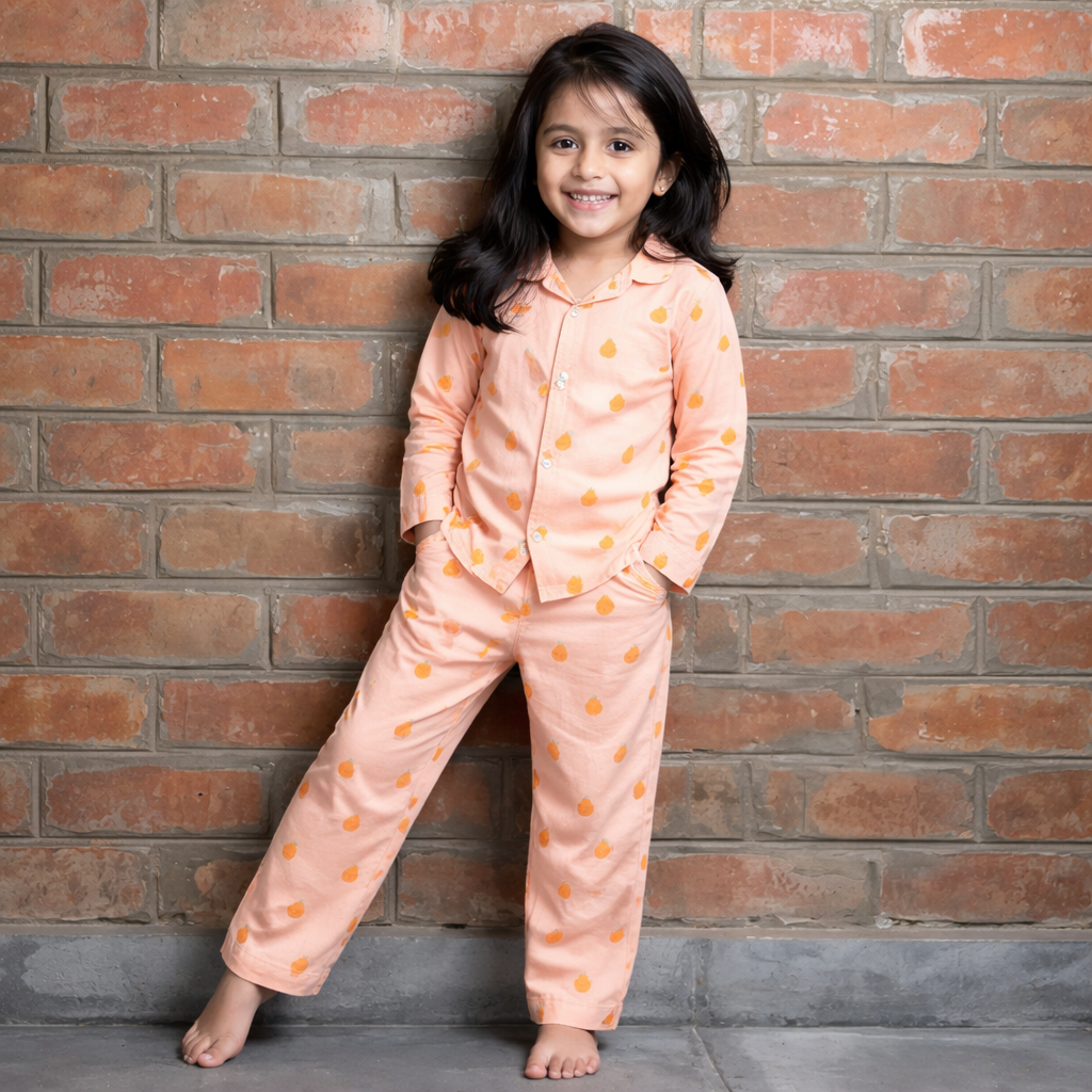 Kids Cotton Nightsuit - Multiple Designs - Orange Pears design