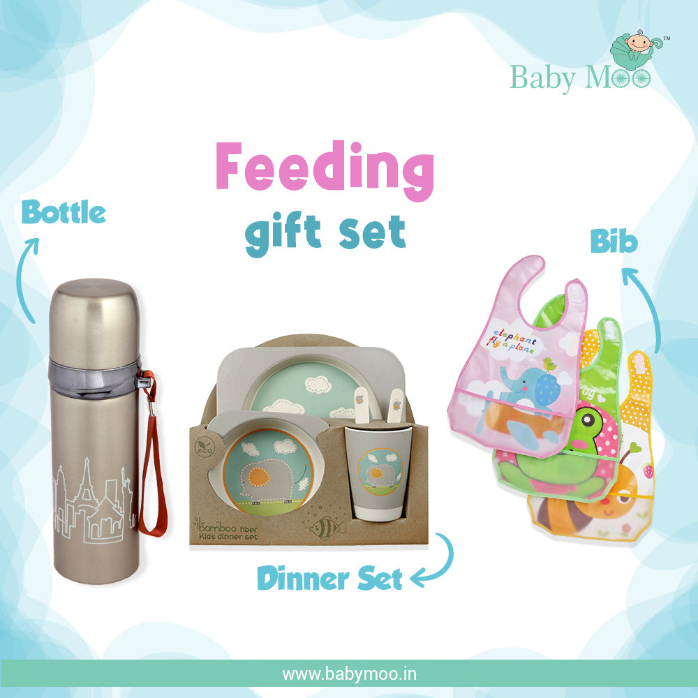 Feeding Gift Set - Flask, Dinner Set And 3 Bibs - Baby Moo
