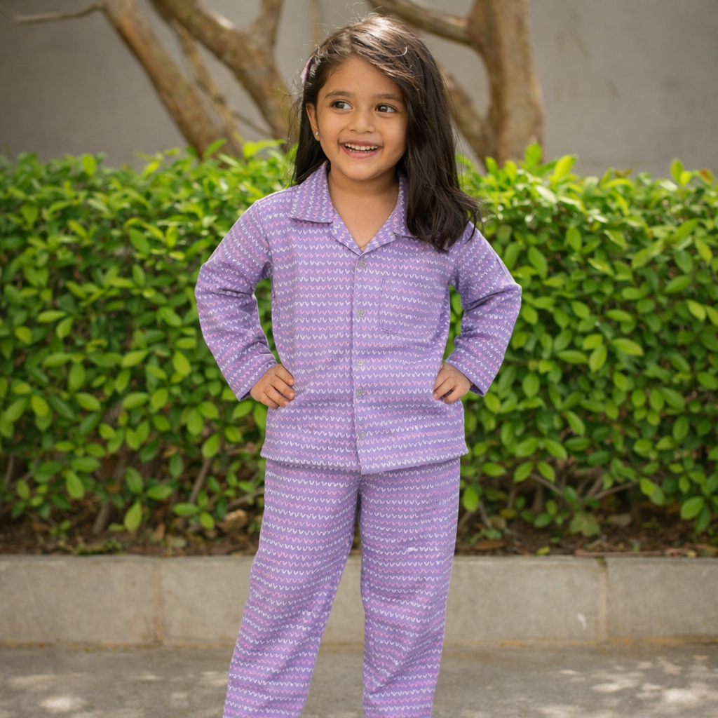 Kids Cotton Nightsuit - Multiple Designs - Purple Hearts design