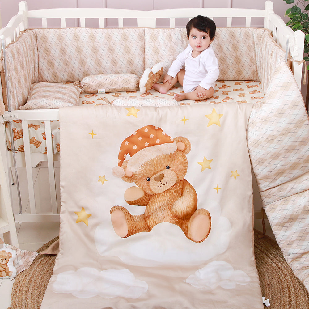 Fancy Fluff  7 Pc Organic Baby Cot Bedding Set- Cuddle Bear