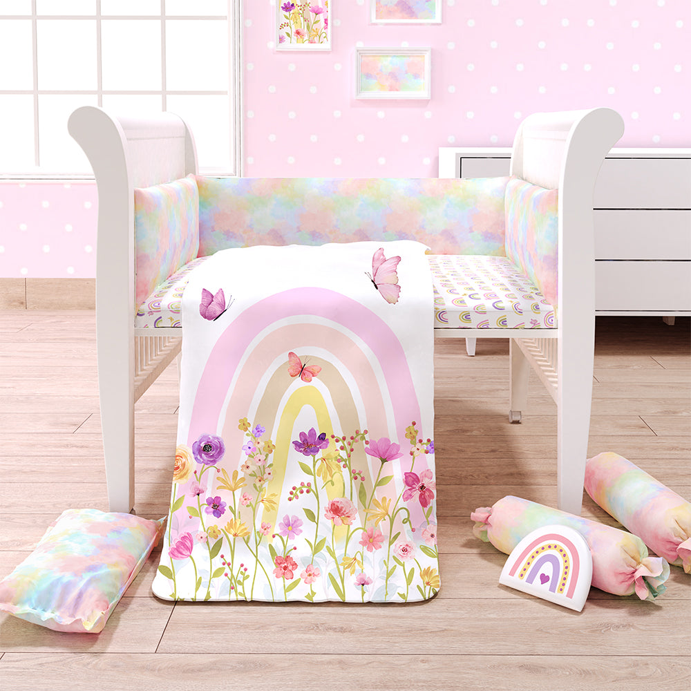 Fancy Fluff  7 Pc Organic Baby Cot Bedding Set- Rainbow Dreams