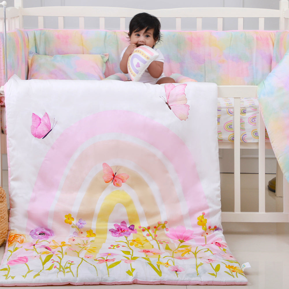 Fancy Fluff  7 Pc Organic Baby Cot Bedding Set- Rainbow Dreams