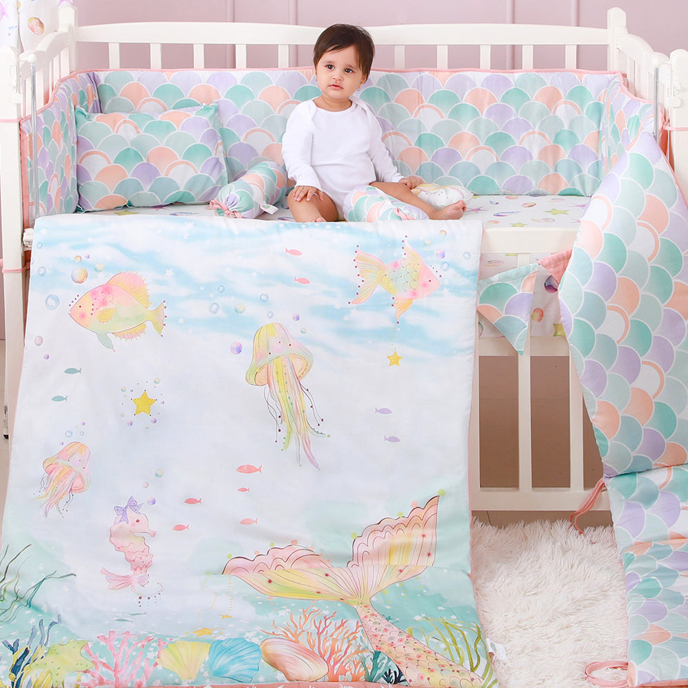 Fancy Fluff  7 Pc Organic Baby Cot Bedding Set -  Sea Fantasy