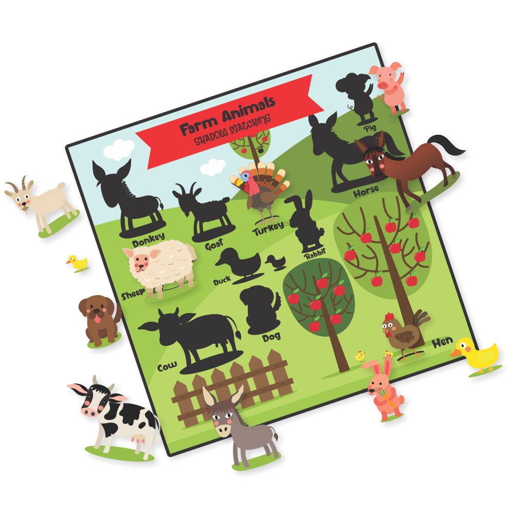 Zooplay Farm Animals Shadow Matching Activity Board (With Wooden Animals)