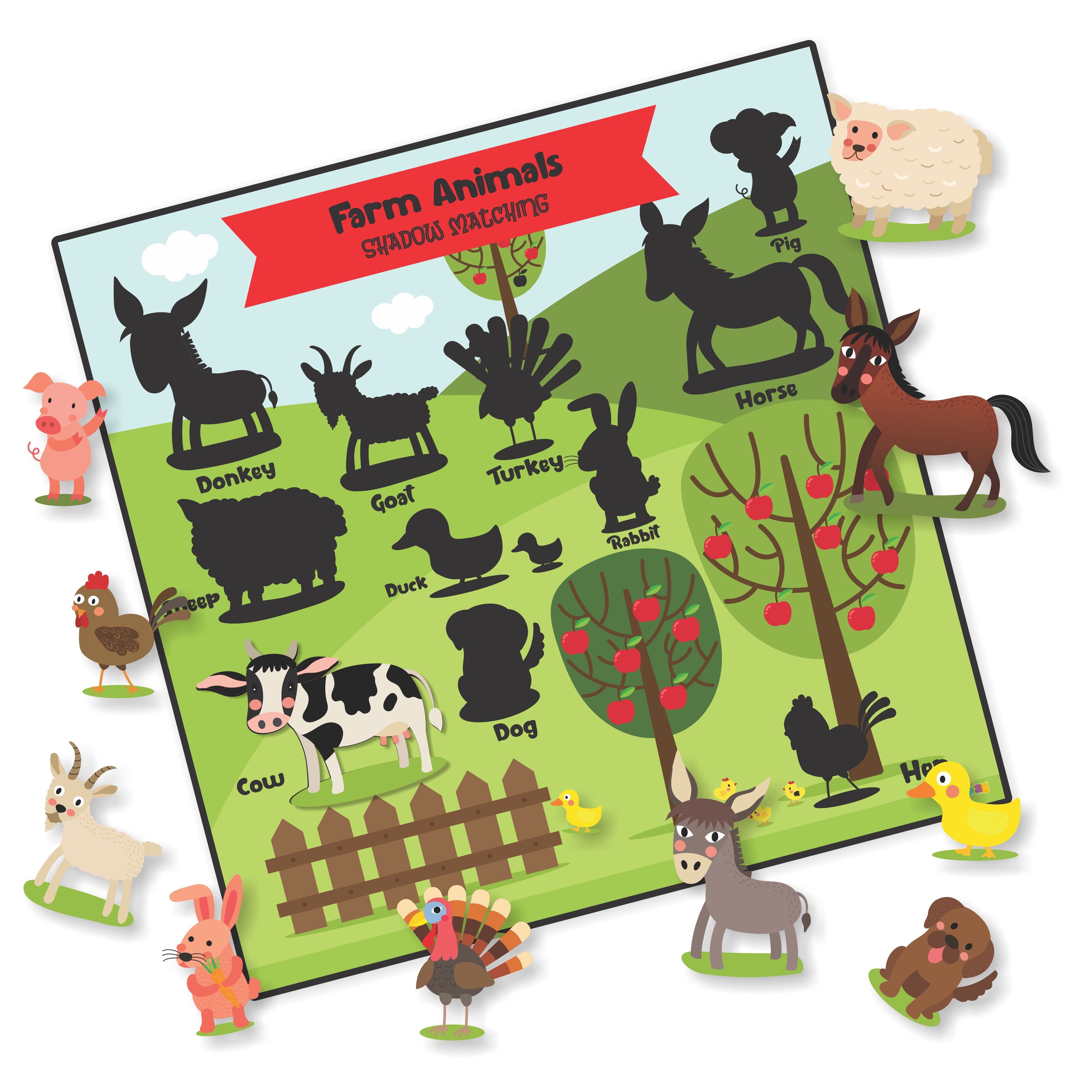 Zooplay Farm Animals Shadow Matching Activity Board (With Wooden Animals)