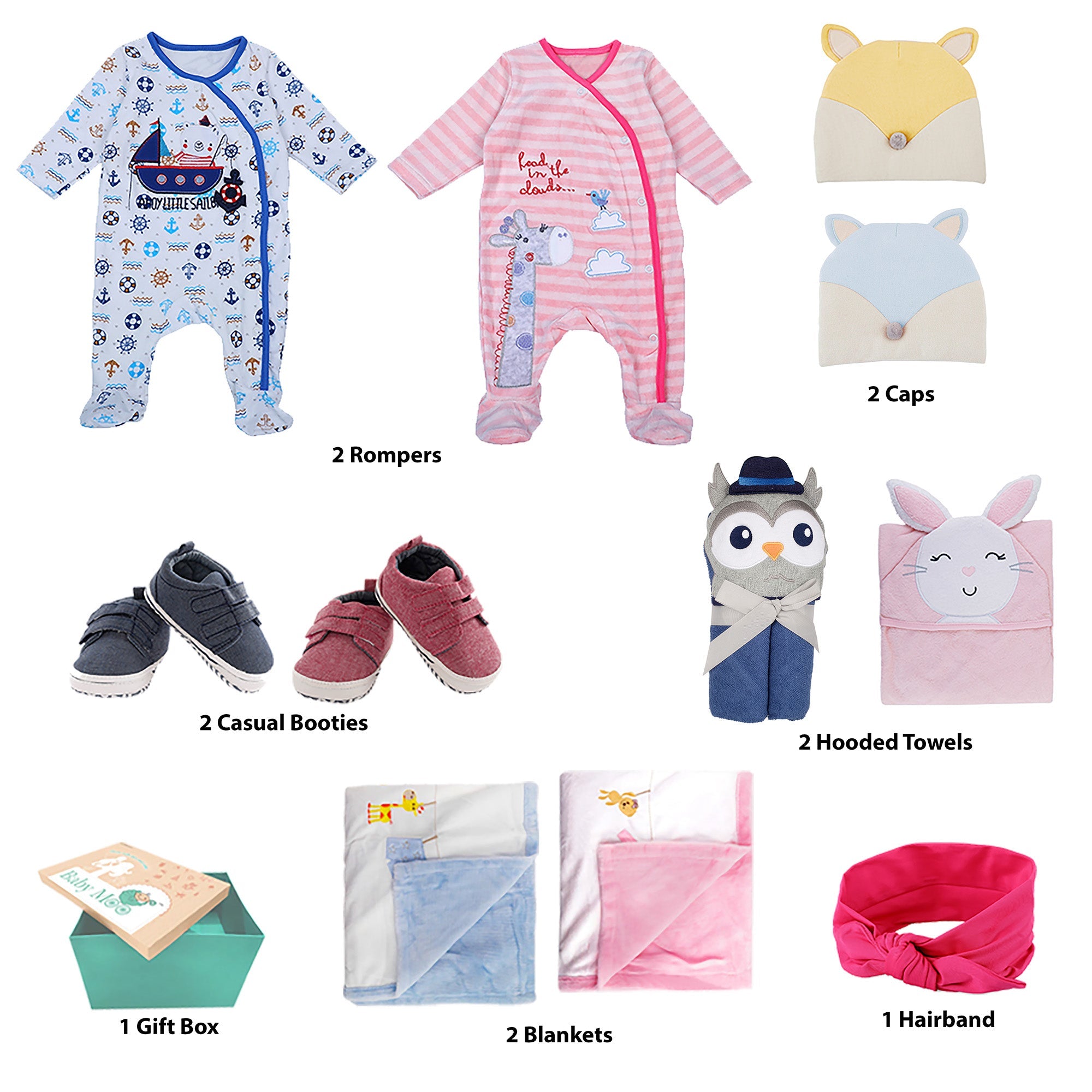 Baby Moo Welcome Baby Twins 11 Pcs Luxury Gift Hamper For Girl And Boy Pink And Blue - 0-9M Sizes Available - Baby Moo