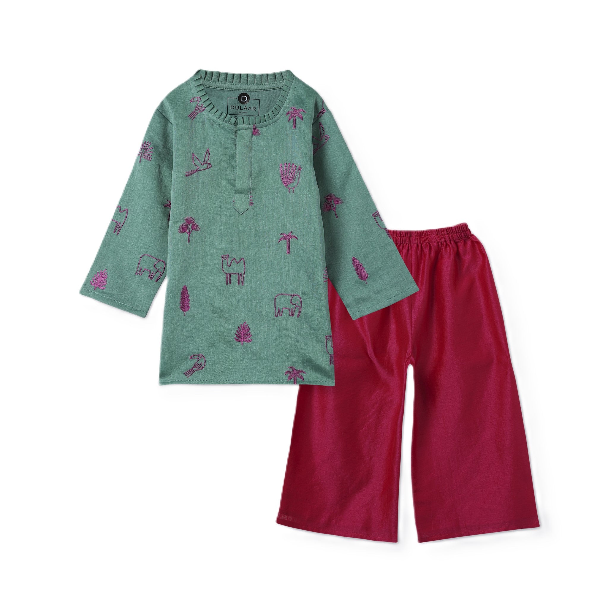 Chanderi Kurti Pants Set | Embroidered - Magical Jungle (Emerald)