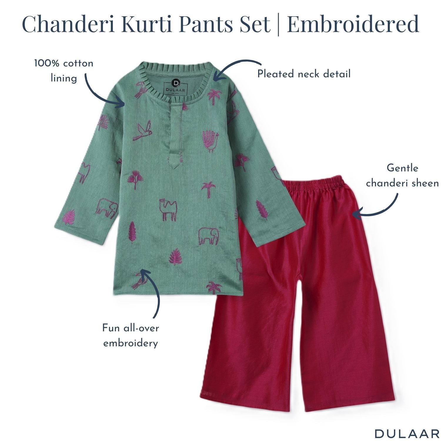 Chanderi Kurti Pants Set | Embroidered - Magical Jungle (Emerald)
