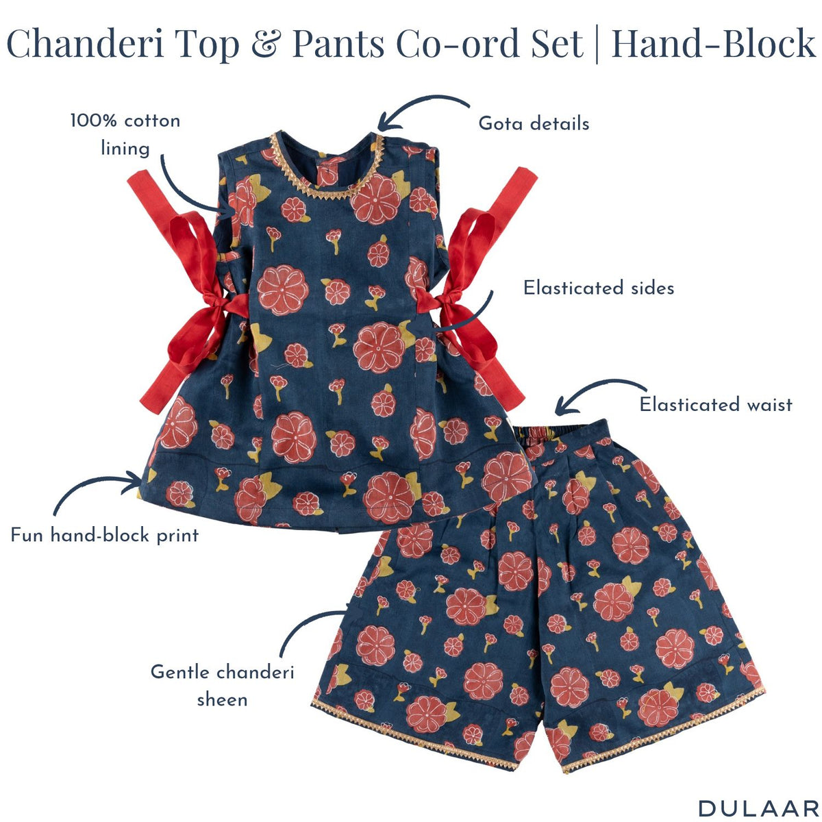 Chanderi Top & Pants Co-ord Set | Hand-Block Printed (Gota Work)