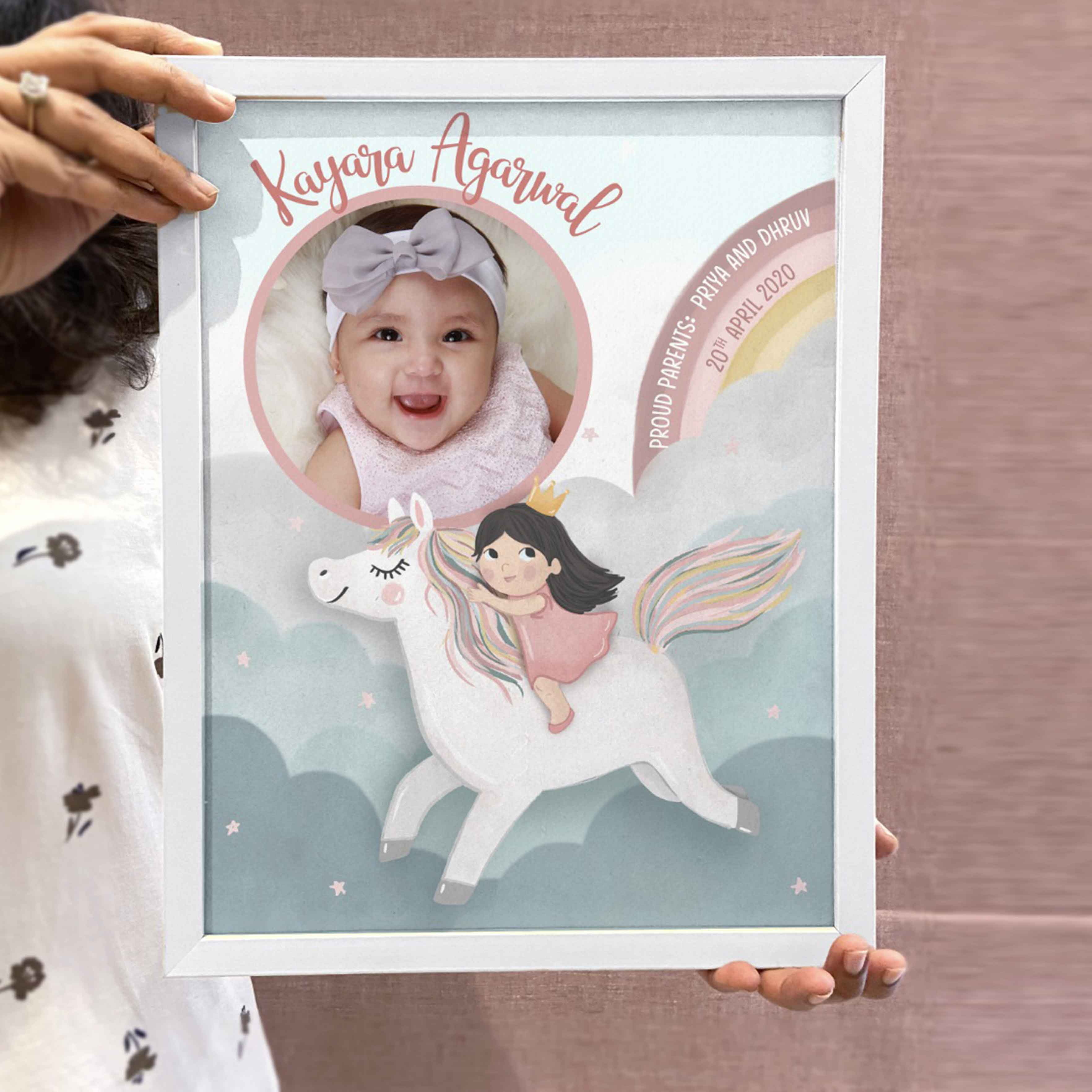 Illustrated Baby Girl Birth Detail Frame - Unicorn Skies