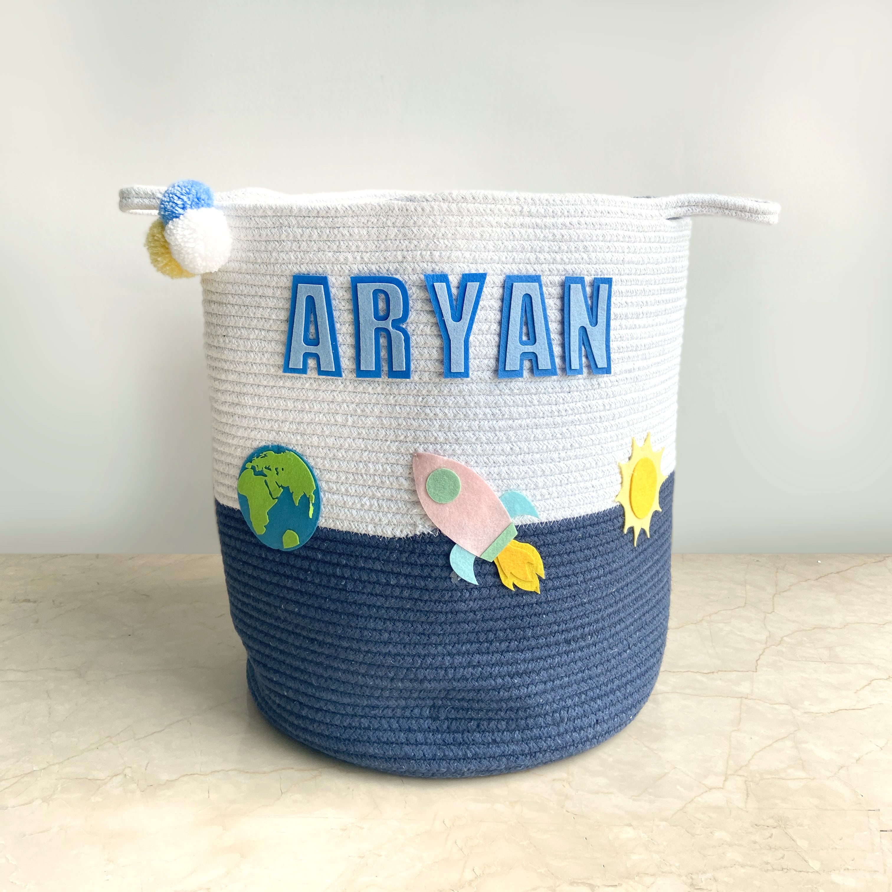 SOLAR SYSTEM NAVY ROPE PERSONALISED STORAGE BASKET - SET OF 2