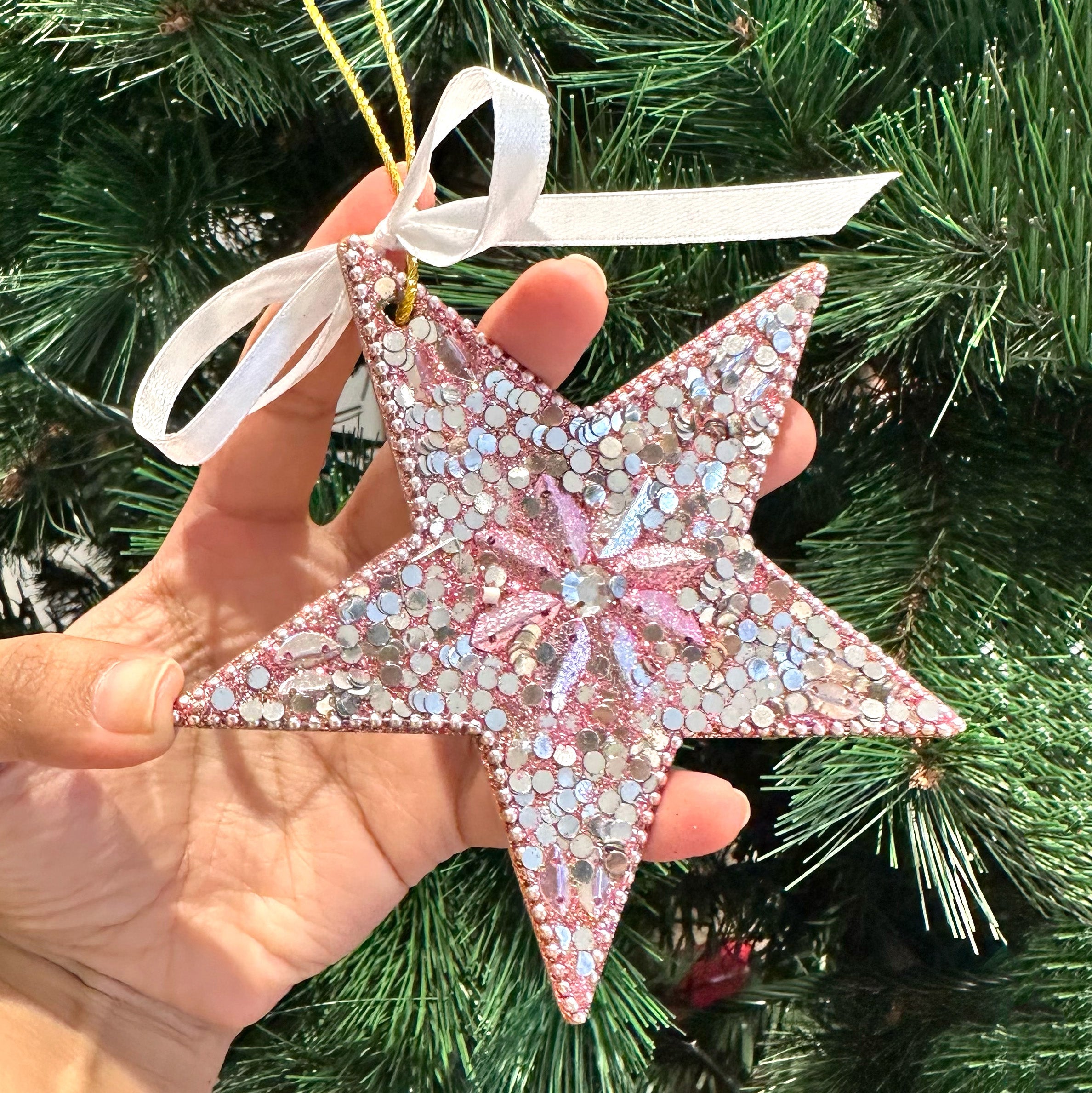 Glitter Embellished Ornament- Pink Star