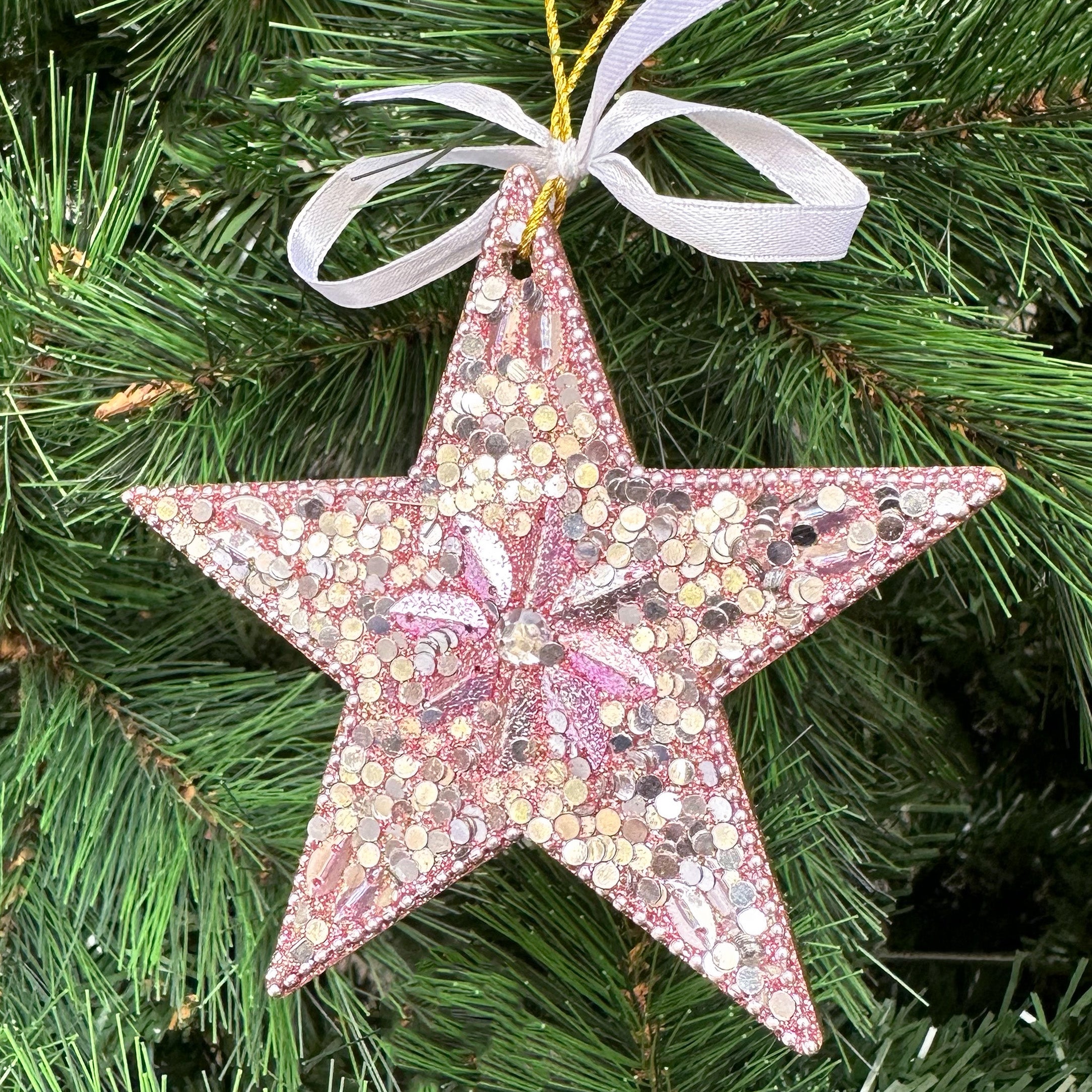 Glitter Embellished Ornament- Pink Star