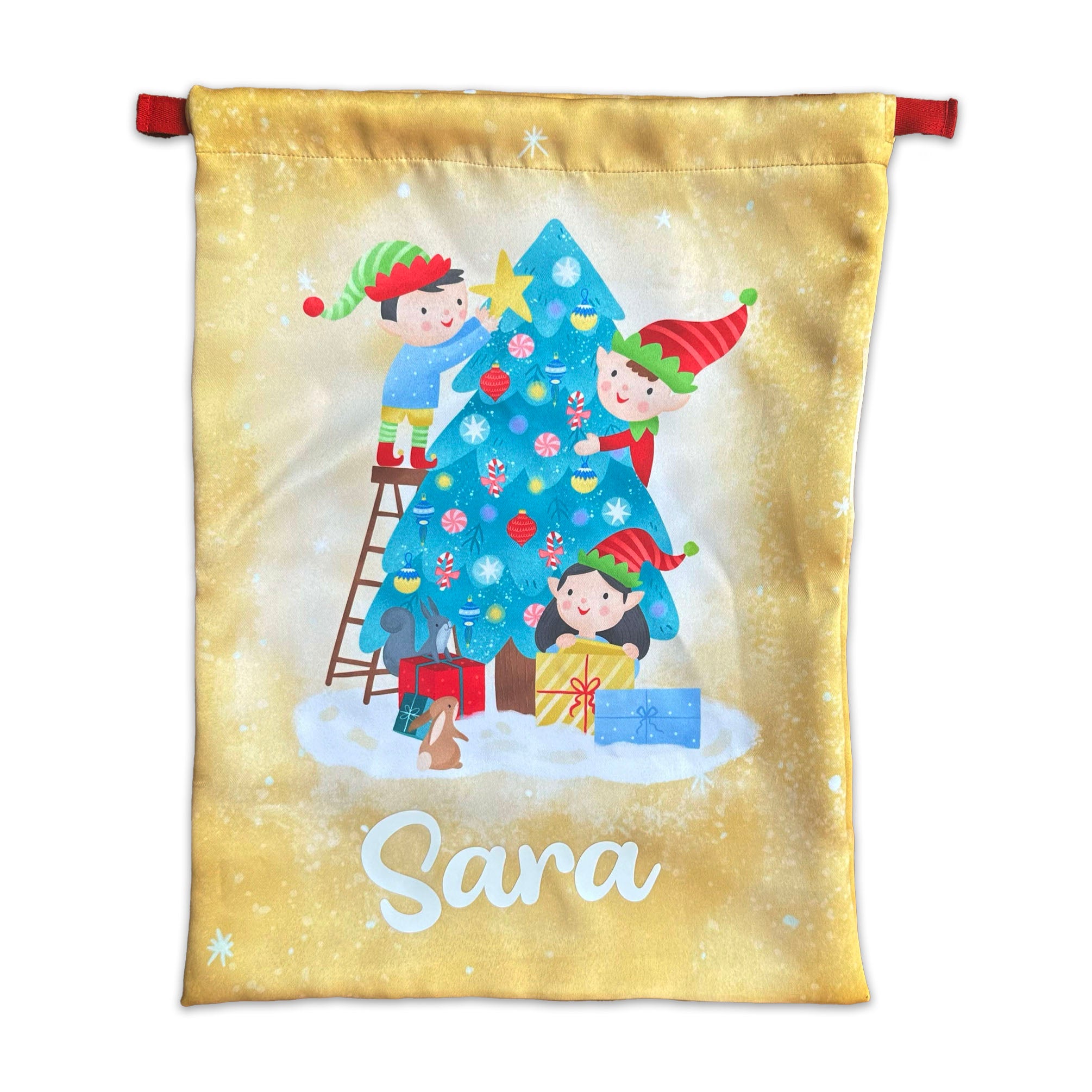 Personalised Sack- Elves Decorating The Tree