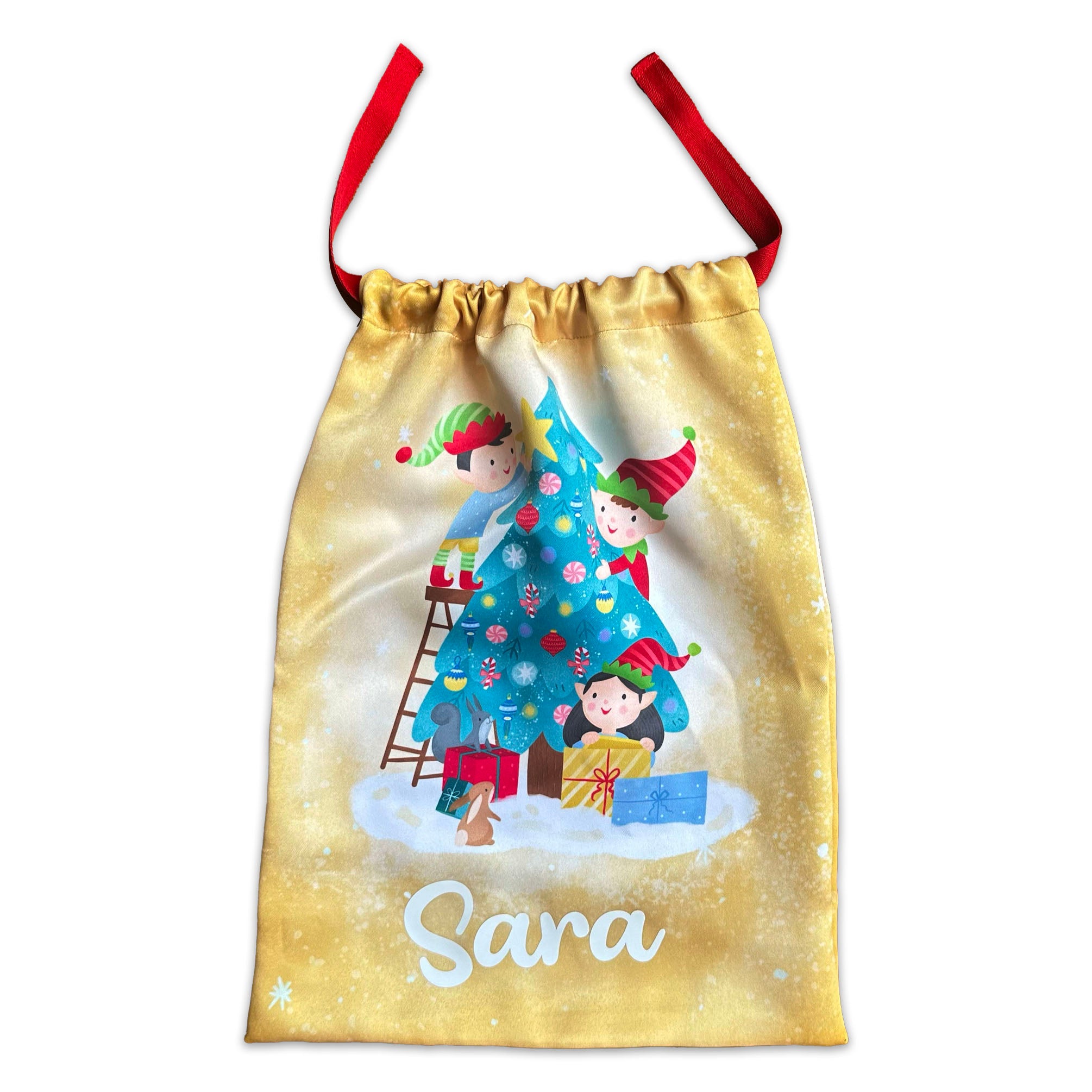 Personalised Sack- Elves Decorating The Tree