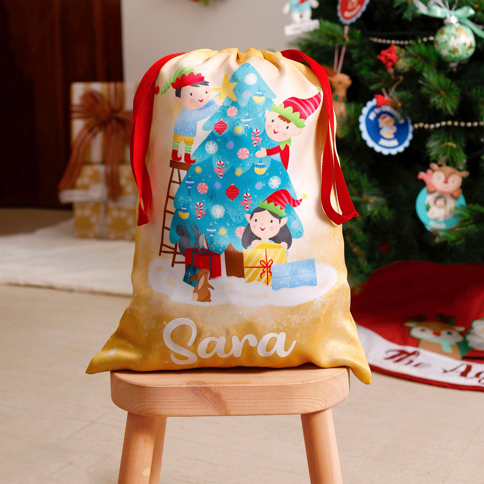 Personalised Sack- Elves Decorating The Tree