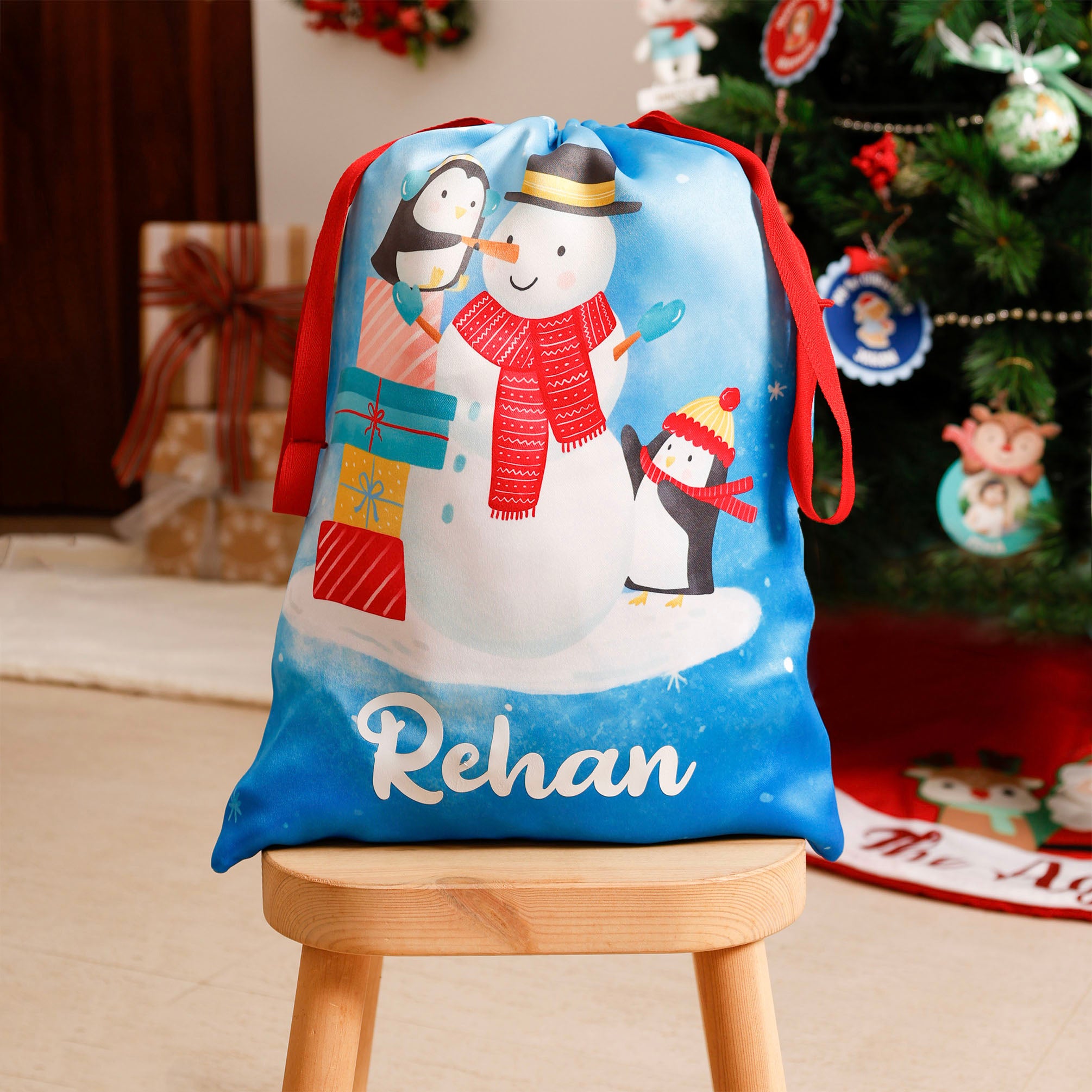 Personalised Sack- Snowman & Penguins