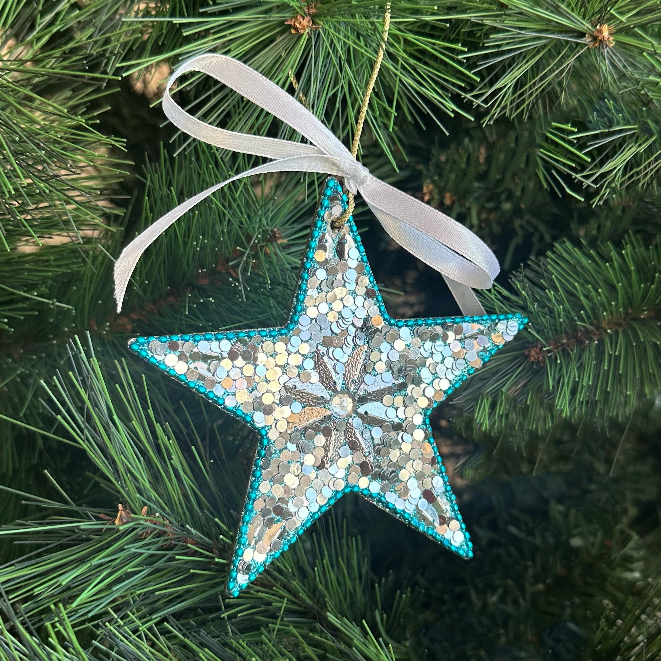 Glitter Embellished Ornament- Blue Star