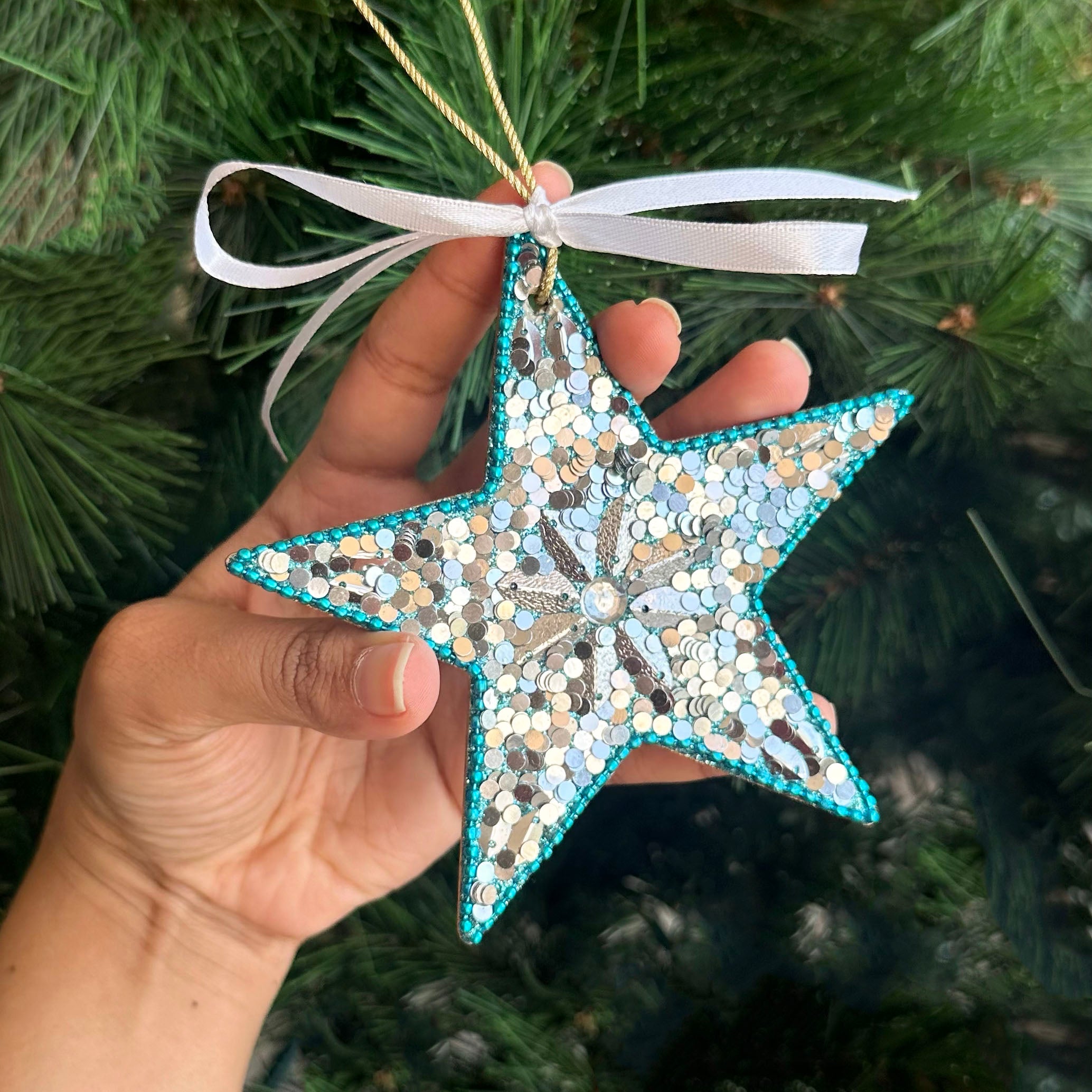 Glitter Embellished Ornament- Blue Star