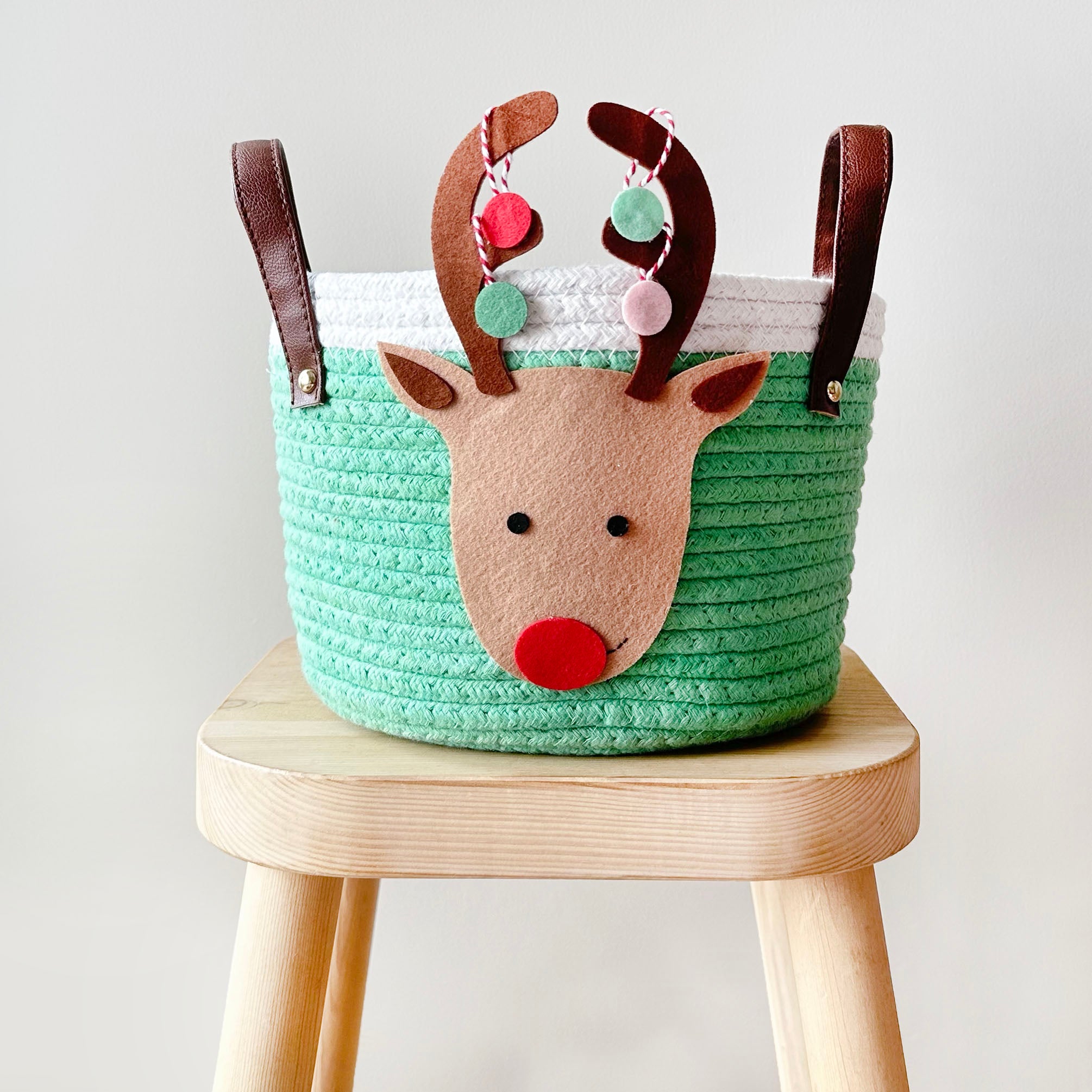 Green Cotton Rope Basket- Reindeer