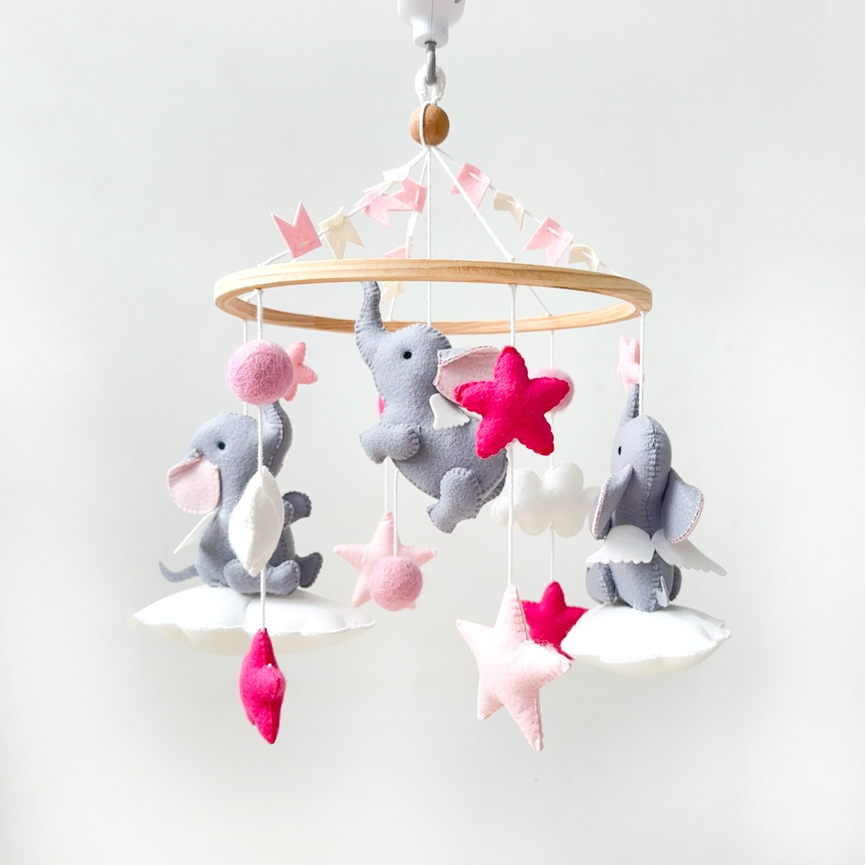 Elephant Clouds & Stars Cot Mobile - Pink