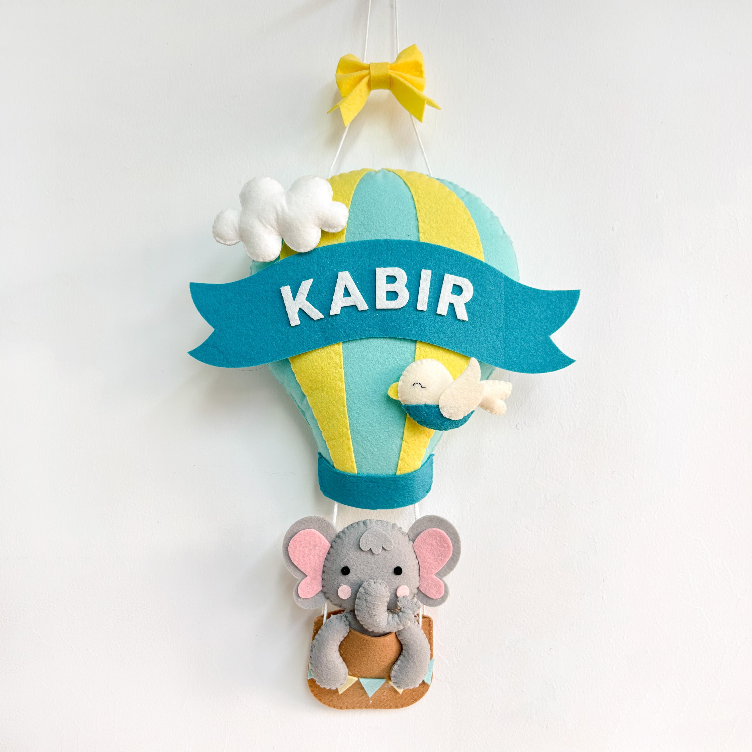 Elephant in a Hot Air Balloon Name Wall Hanging - Blue