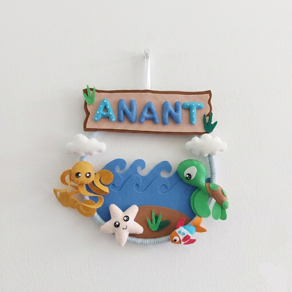 Decorative nameplate with ocean-themed characters and the name 'ANANT' on a white background.
