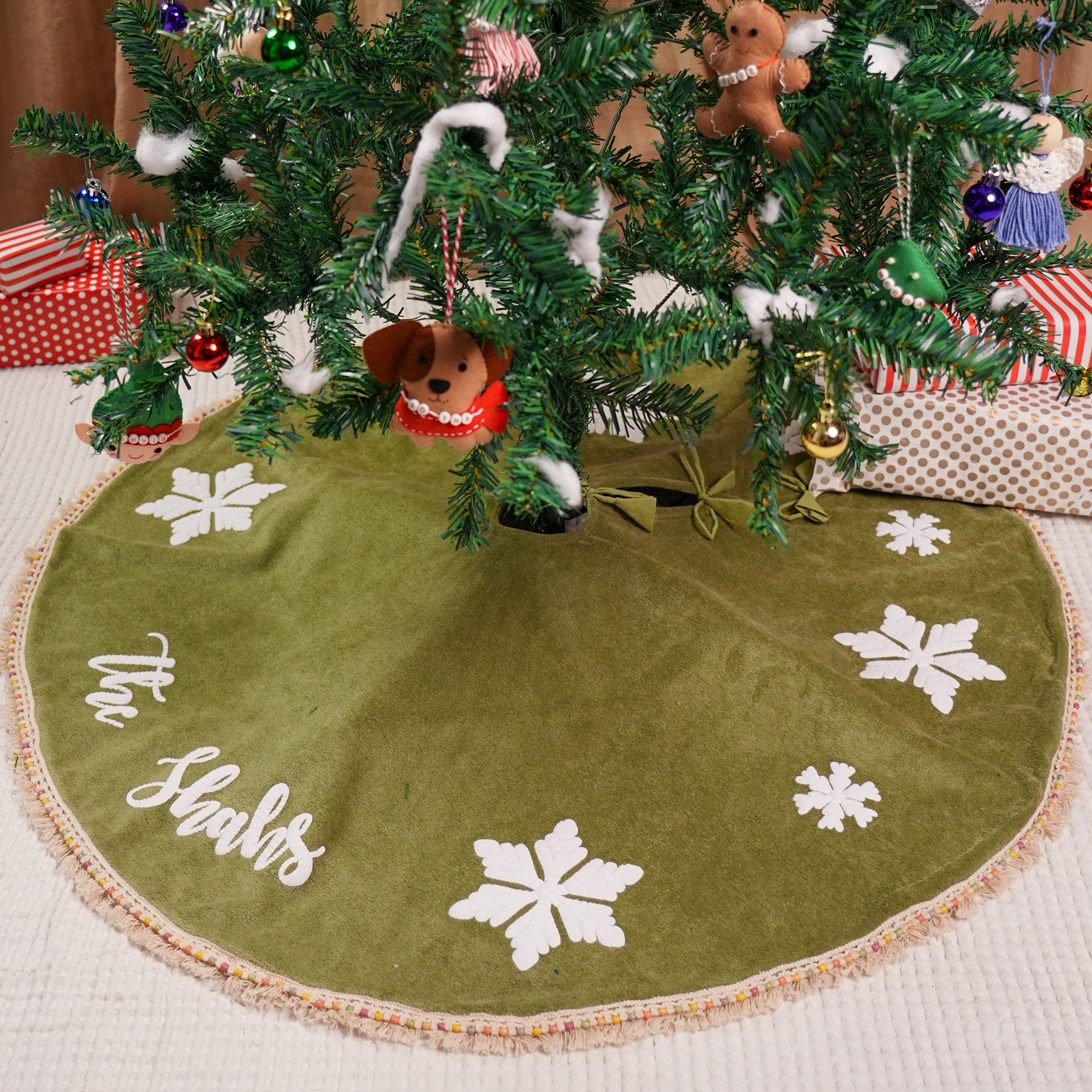 Personalised Green Velvet Boho Tree Skirt with Snowflakes