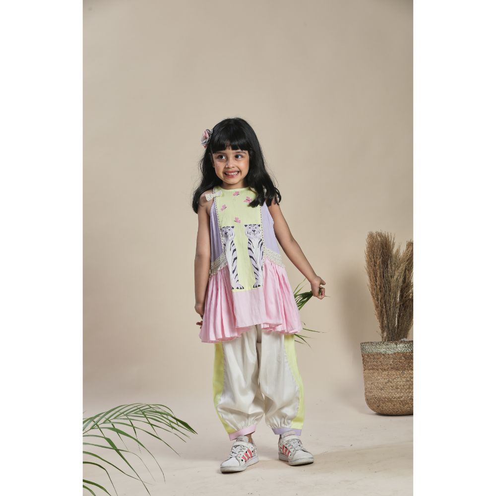 Yellow, Lavender And Pink A-Line Kurta With Frills And Salwar Set