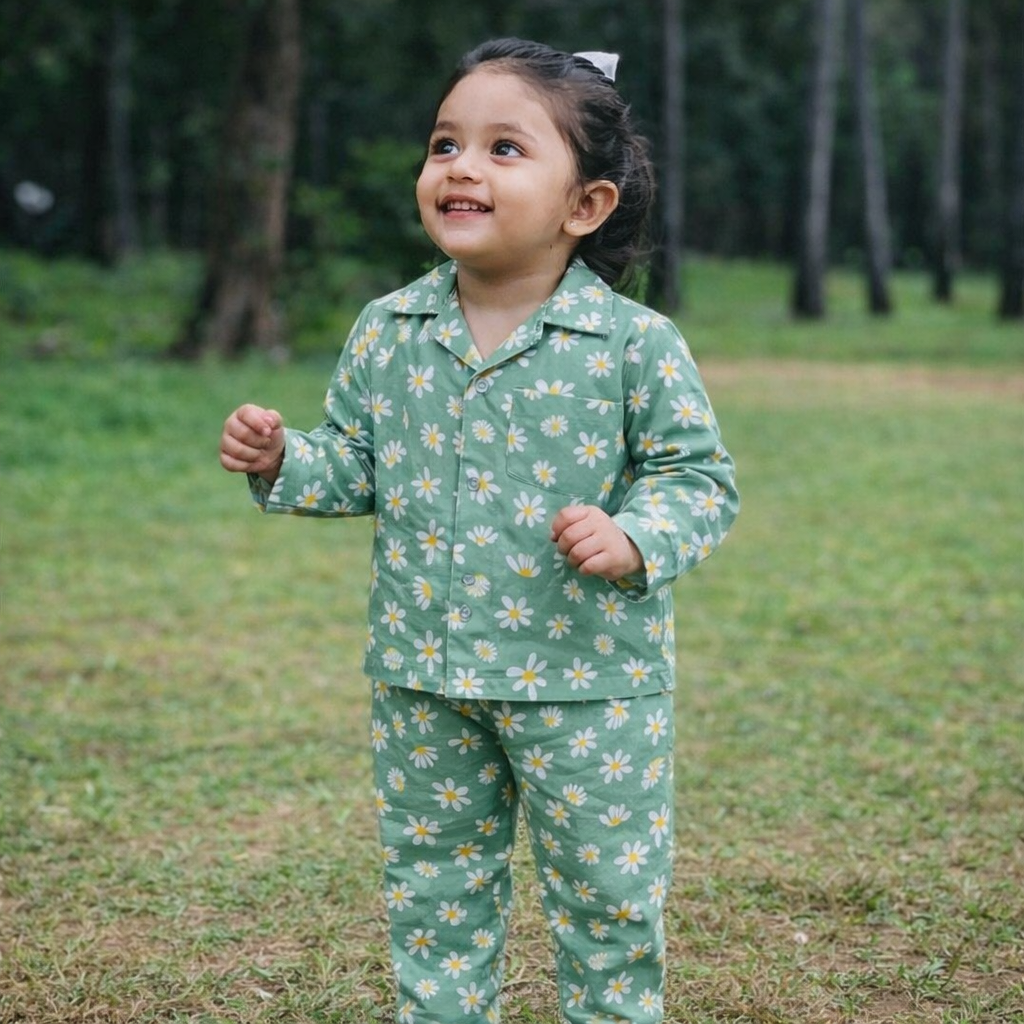 Kids Cotton Nightsuit - Multiple Designs - Green Flowers design
