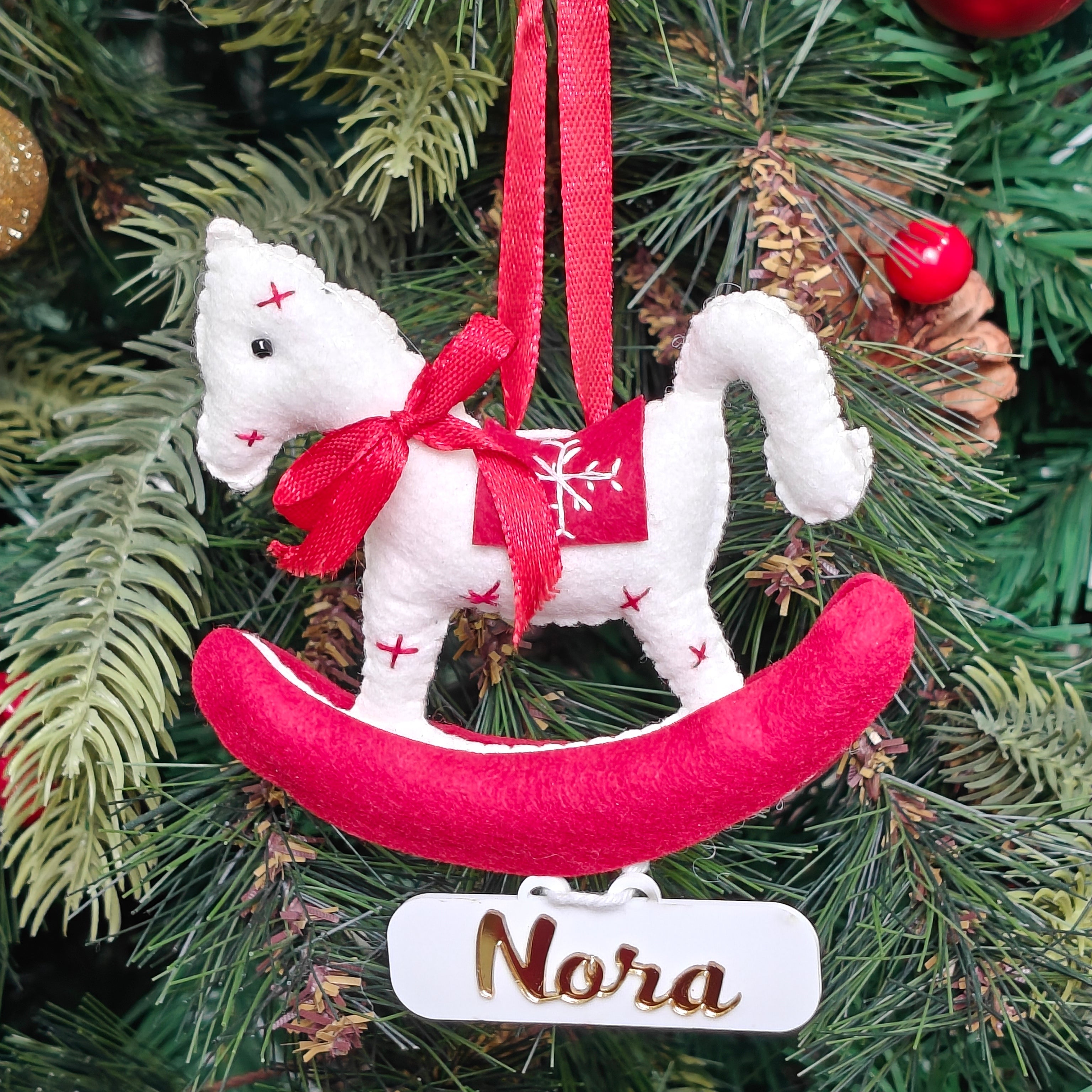 Personalised Snowy Rocking Horse Ornament