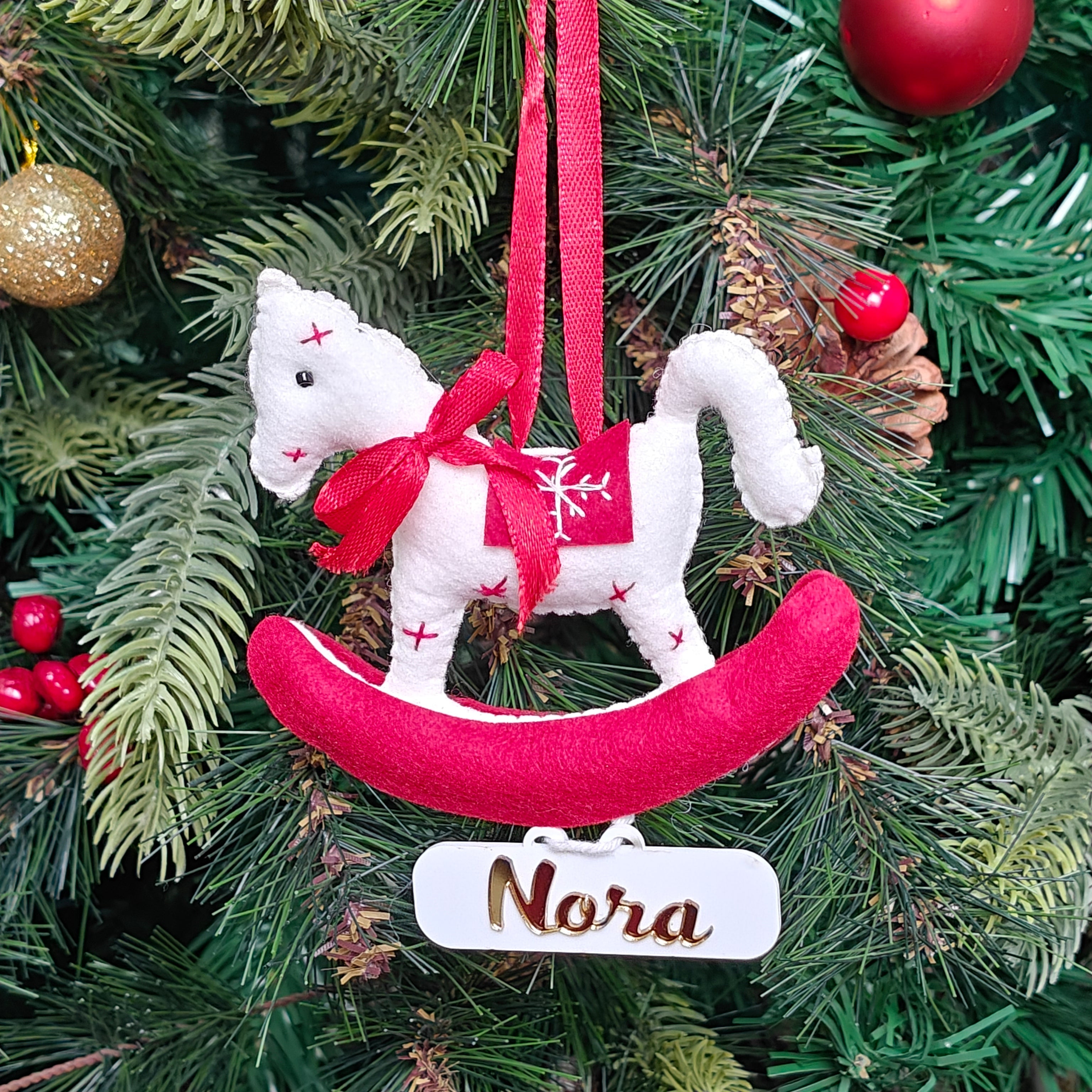 Personalised Snowy Rocking Horse Ornament