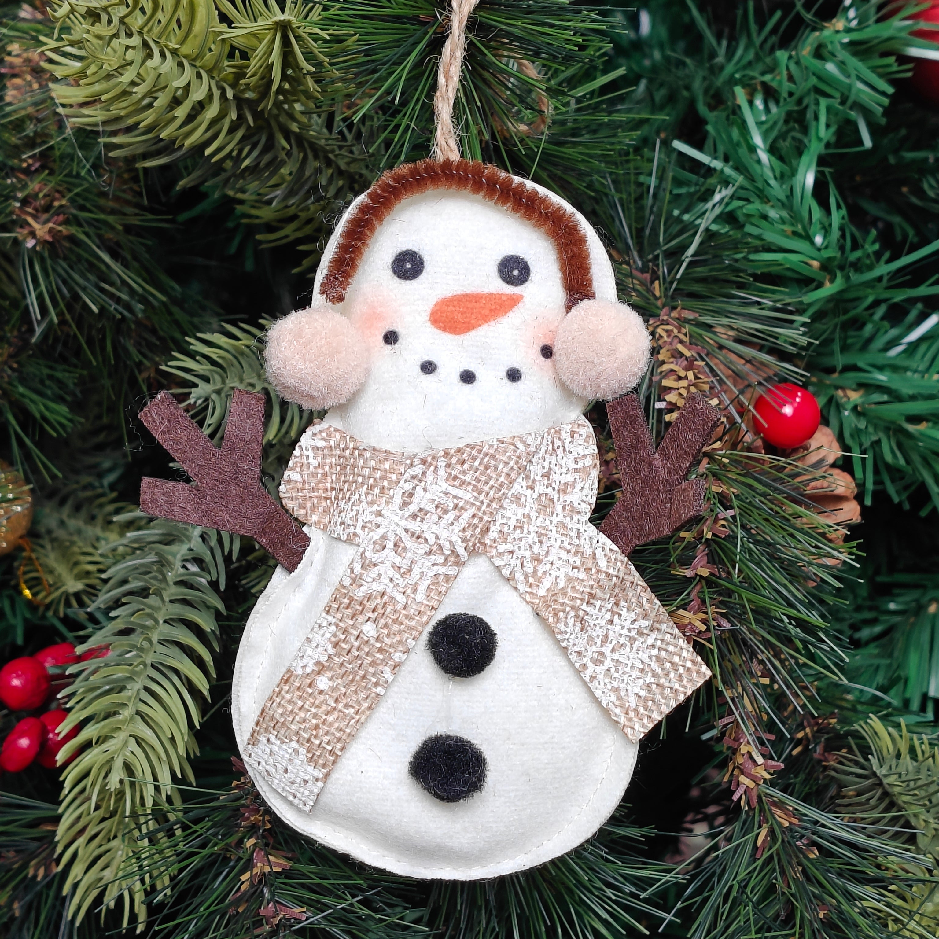 Beige Scarf Snowman Ornament