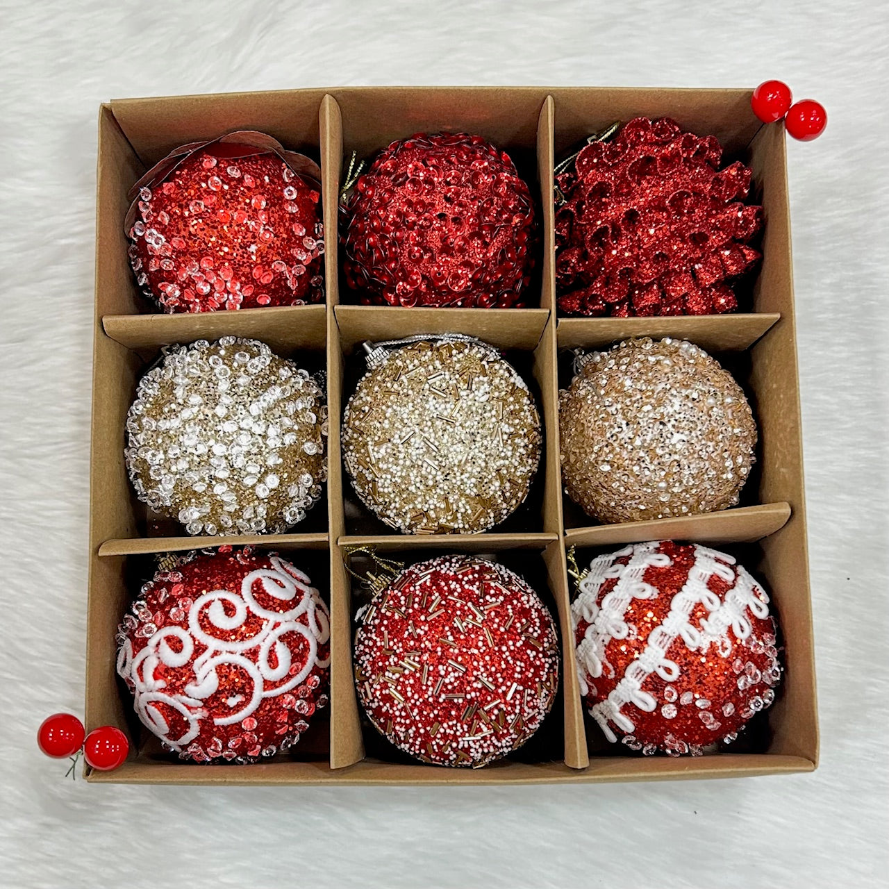 9PCs Shimmer / Embellished Baubles Set (Red-Gold-Red)