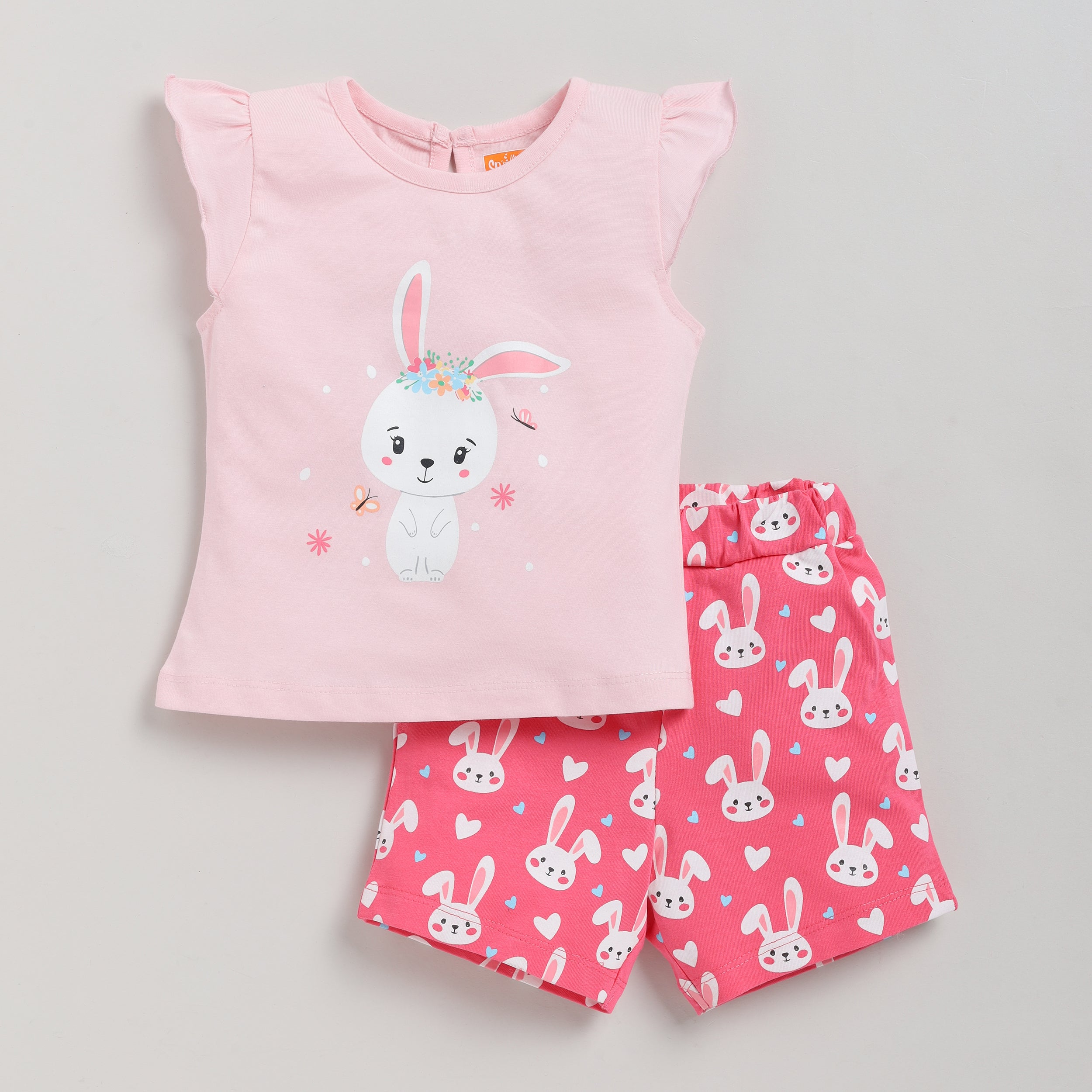 Snuggly Monkey Girls Pink Bunny Print Top with Shorts