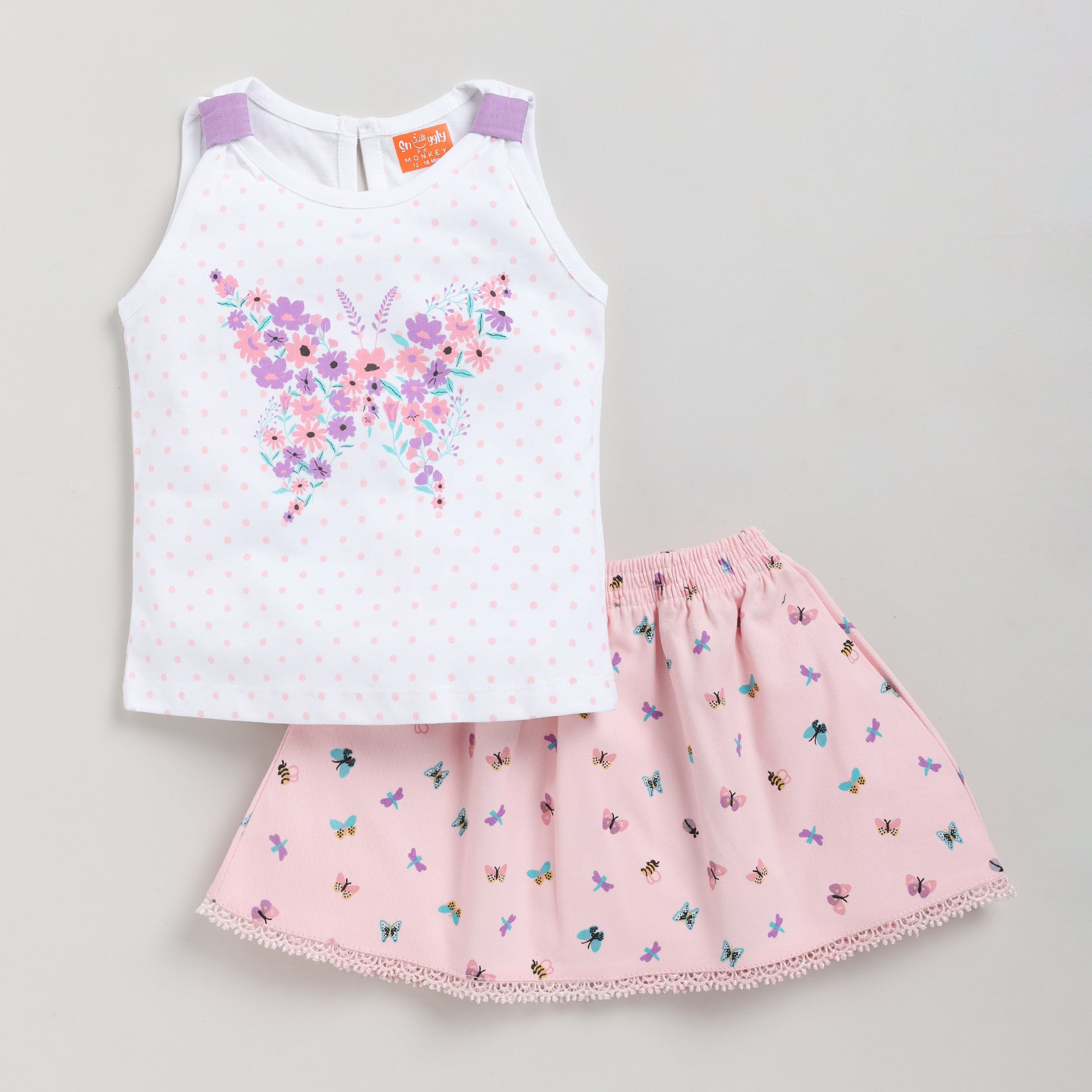 Snuggly Monkey Butterly Design Top with Skirt for Summer - Pink