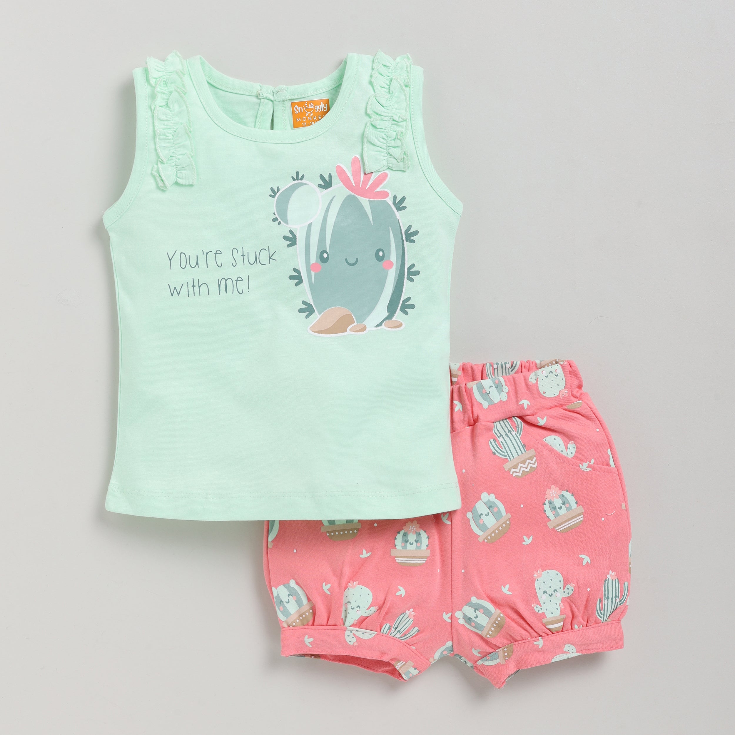 Snuggly Monkey Girls Cute Cactus Print Top with Shorts