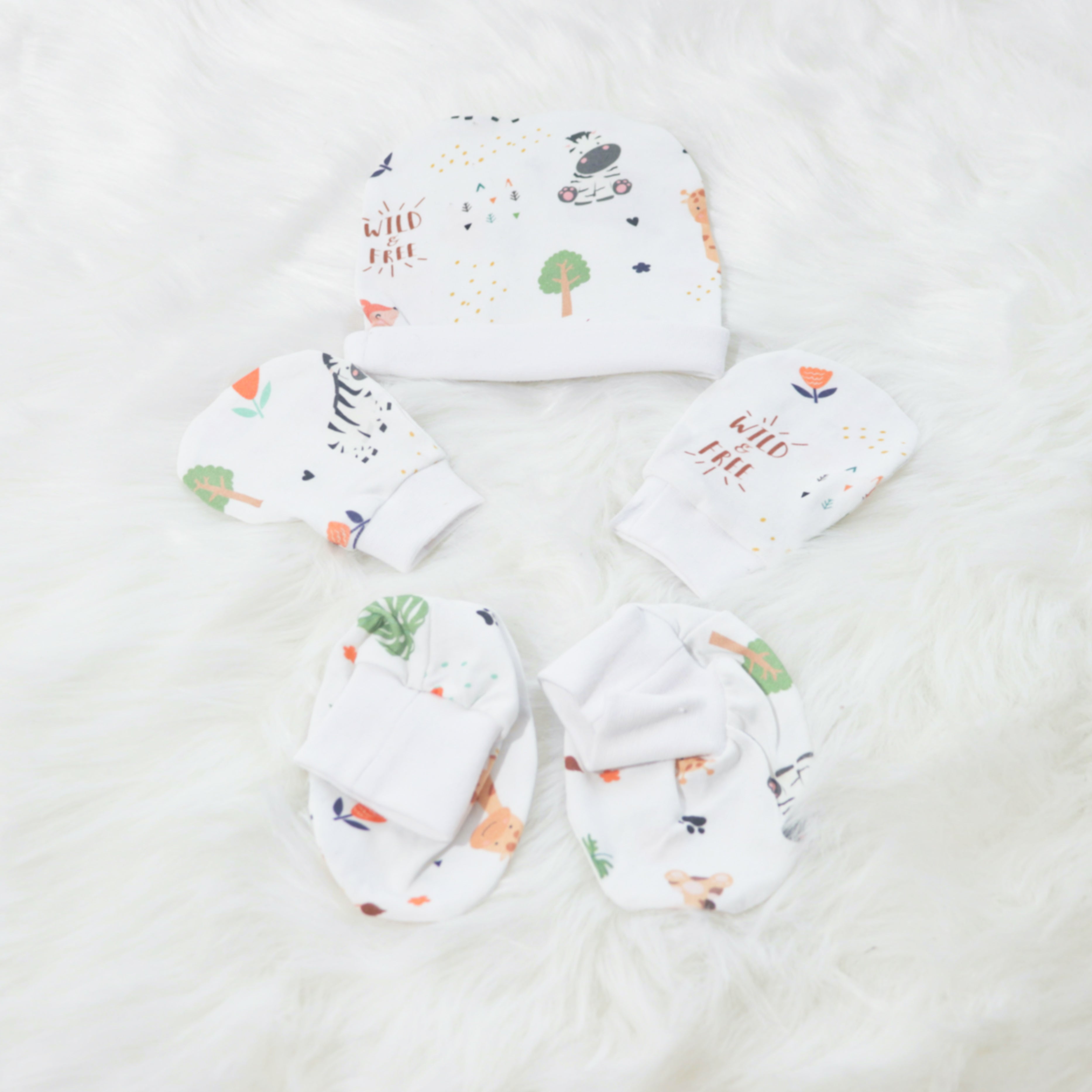 Baby Animals - Cotton Cap, Mittens & Booties Set