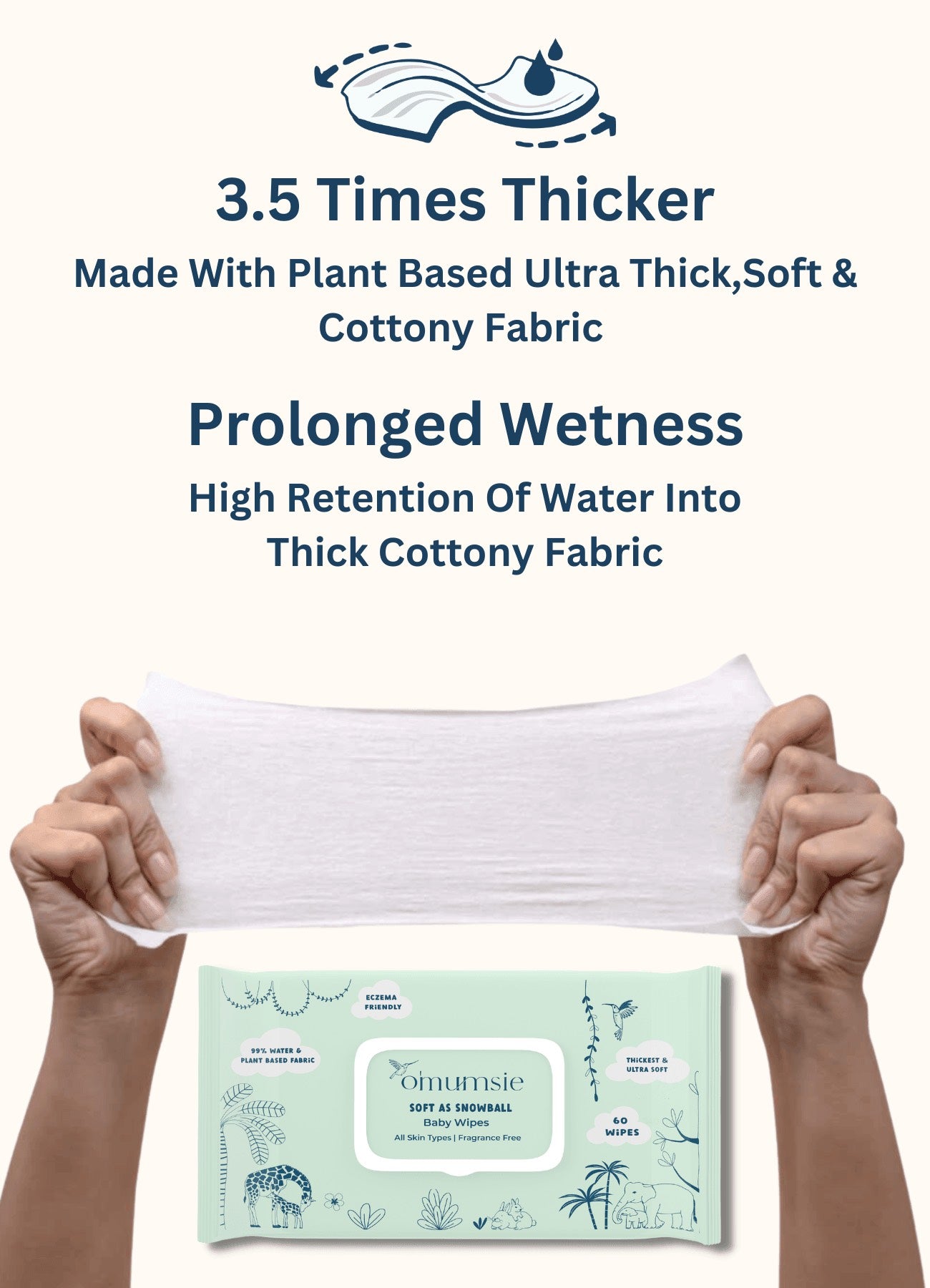 Omumsie 99% Pure Water (Unscented) Baby Wipes | Made With Thickest Plant Based Cotton Fibers - 60 pieces per pack, Pack of 2