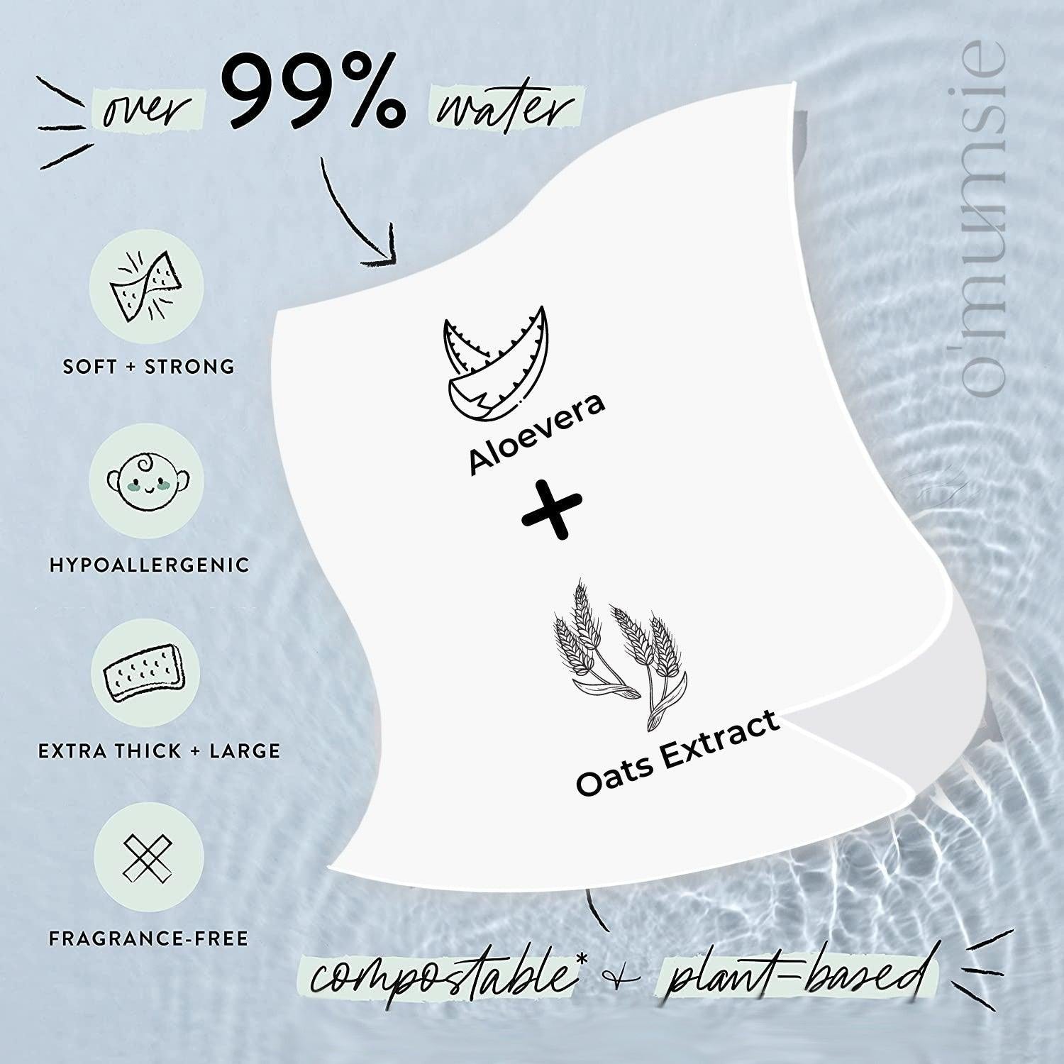 Omumsie 99% Pure Water (Unscented) Baby Wipes | Made With Thickest Plant Based Cotton Fibers - 60 pieces per pack, Pack of 3
