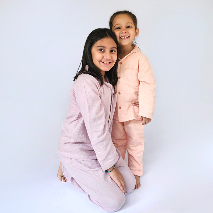 Crinkled Muslin Night Suits - Purple (Full / Half Sleeves / Winter)