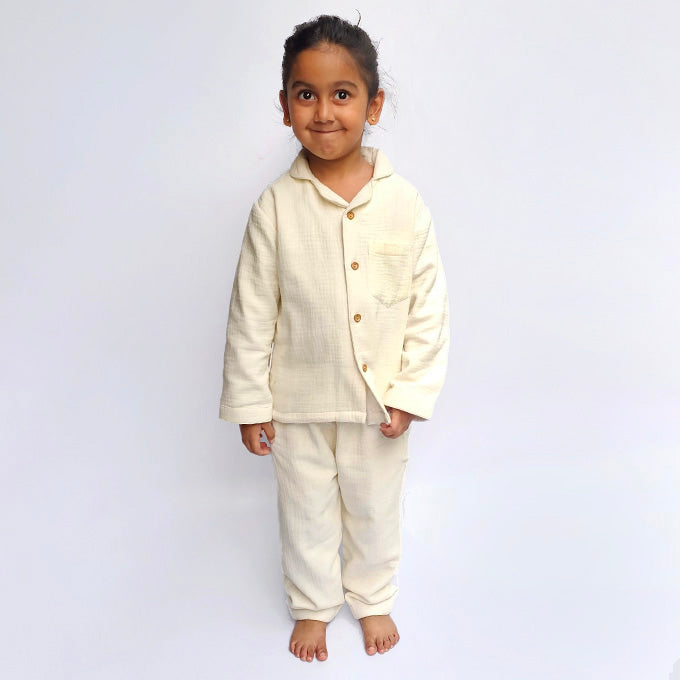 Crinkled Muslin Night Suits - Cream White (Full / Half Sleeves / Winter)