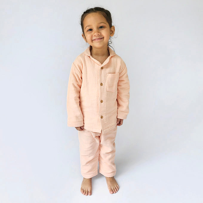 Crinkled Muslin Night Suits - Peach Pink (Full / Half Sleeves / Winter)