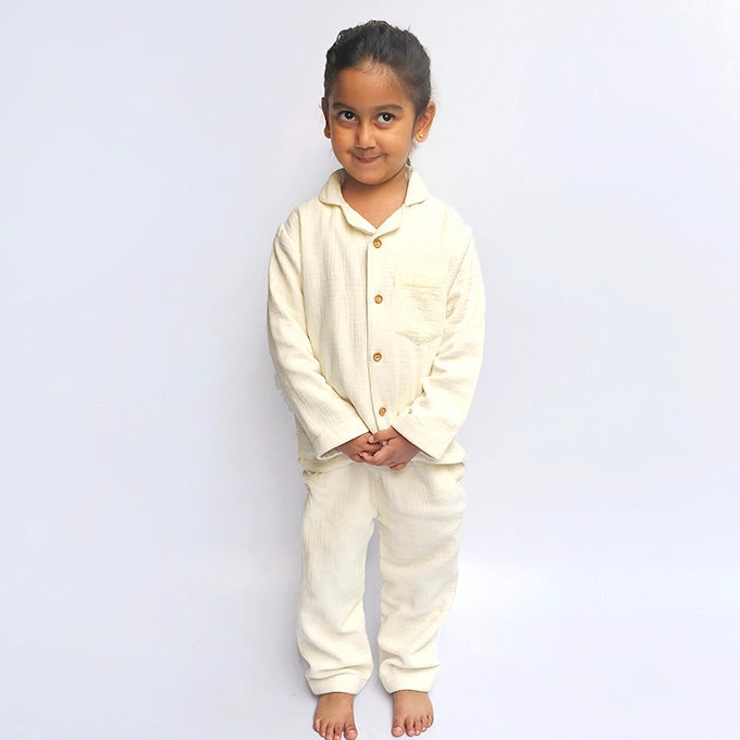 Crinkled Muslin Night Suits - Cream White (Full / Half Sleeves / Winter)