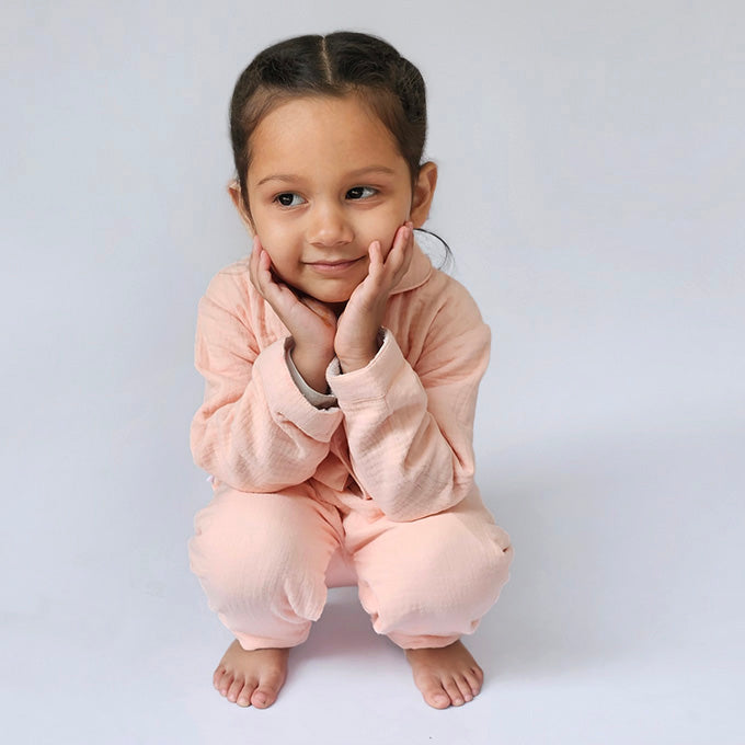 Crinkled Muslin Night Suits - Peach Pink (Full / Half Sleeves / Winter)