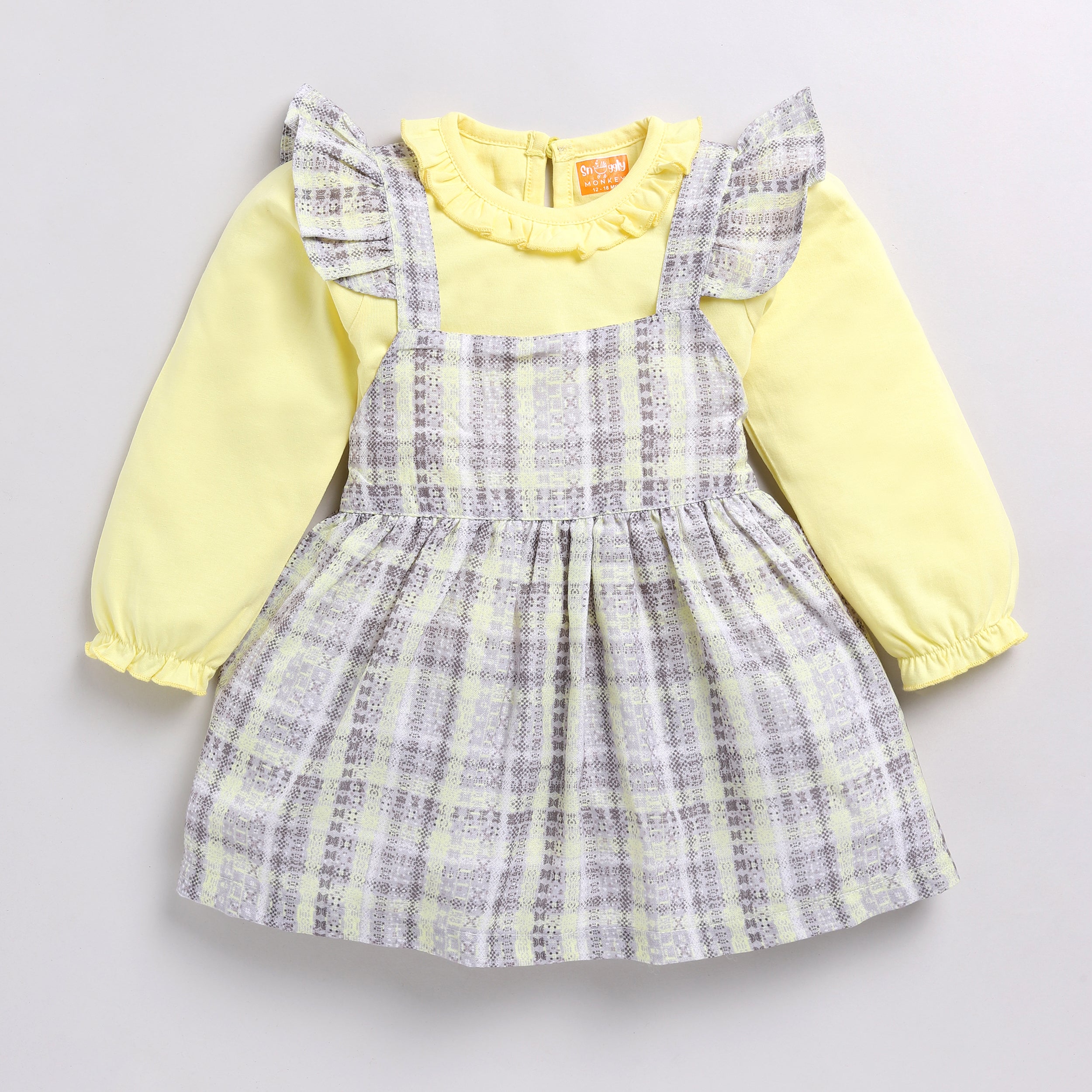 Snuggly Monkey Woven Checkered Frock With Full- Sleeves Inner