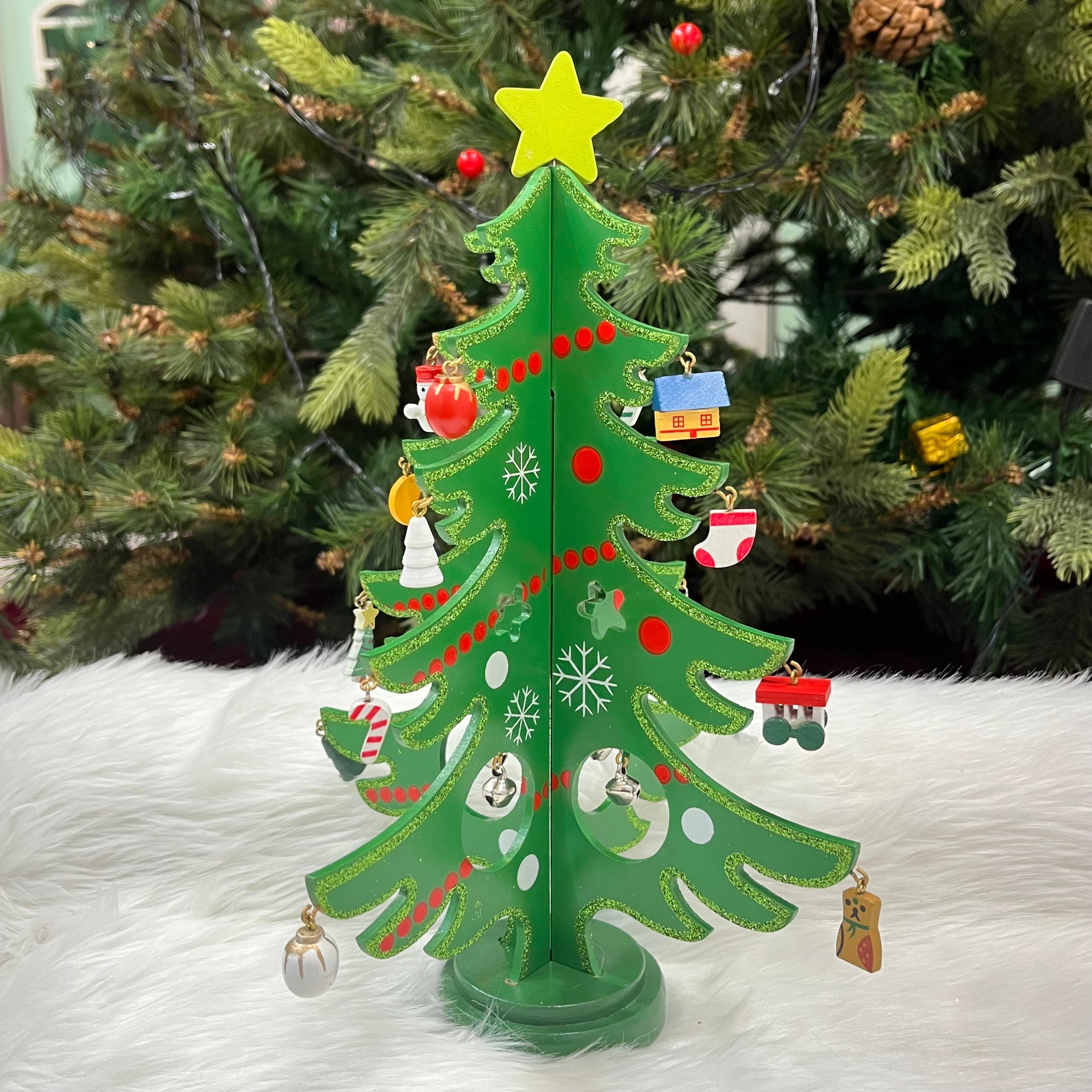 Wooden DIY 3D Glittering Tabletop Tree With 20 Ornaments (Green)