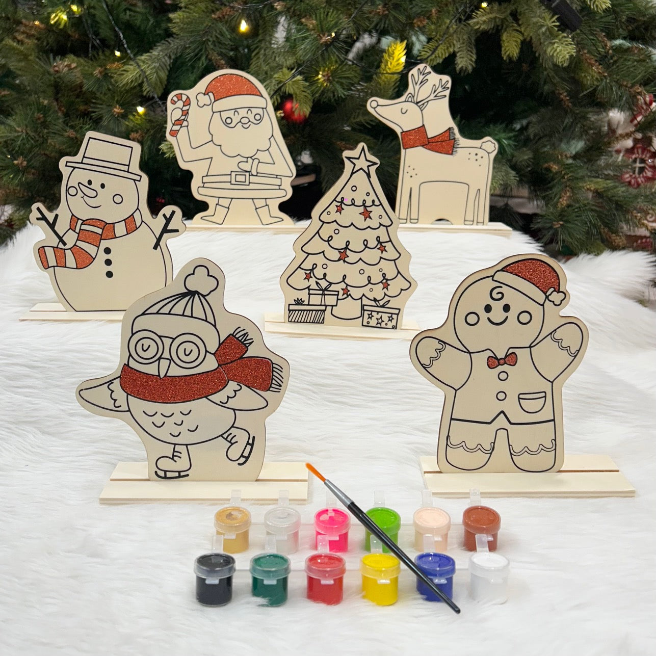 Wooden DIY Xmas Paintkit With Stands (Set of 6)