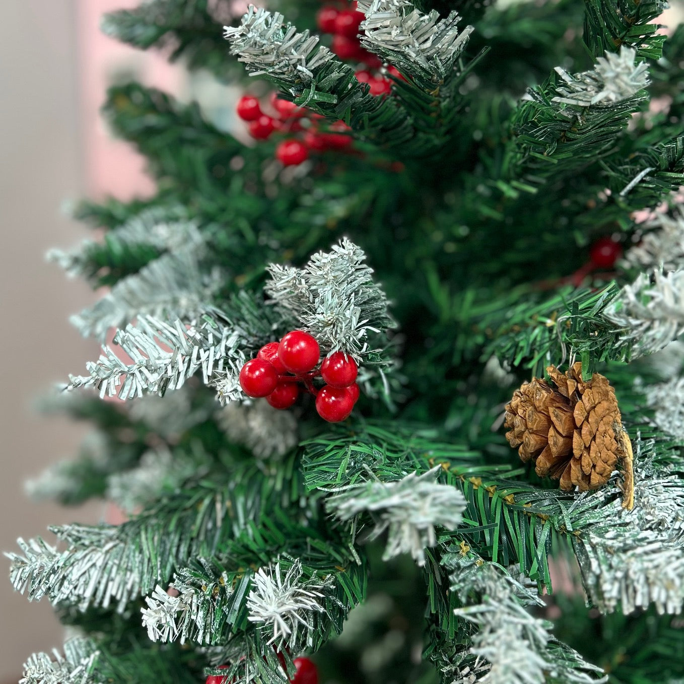 7 ft Snowy Norway Spruce & Cherry Pine Tree With Removable Pine Cones